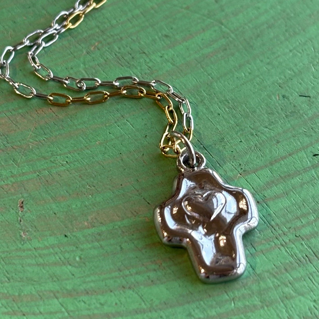 Two Tone Heart Cross Stainless Steel Necklace