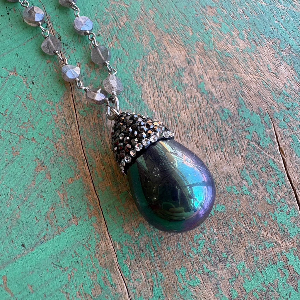 Radiant Grace Labradorite And Shell Pearl Teardrop Necklace