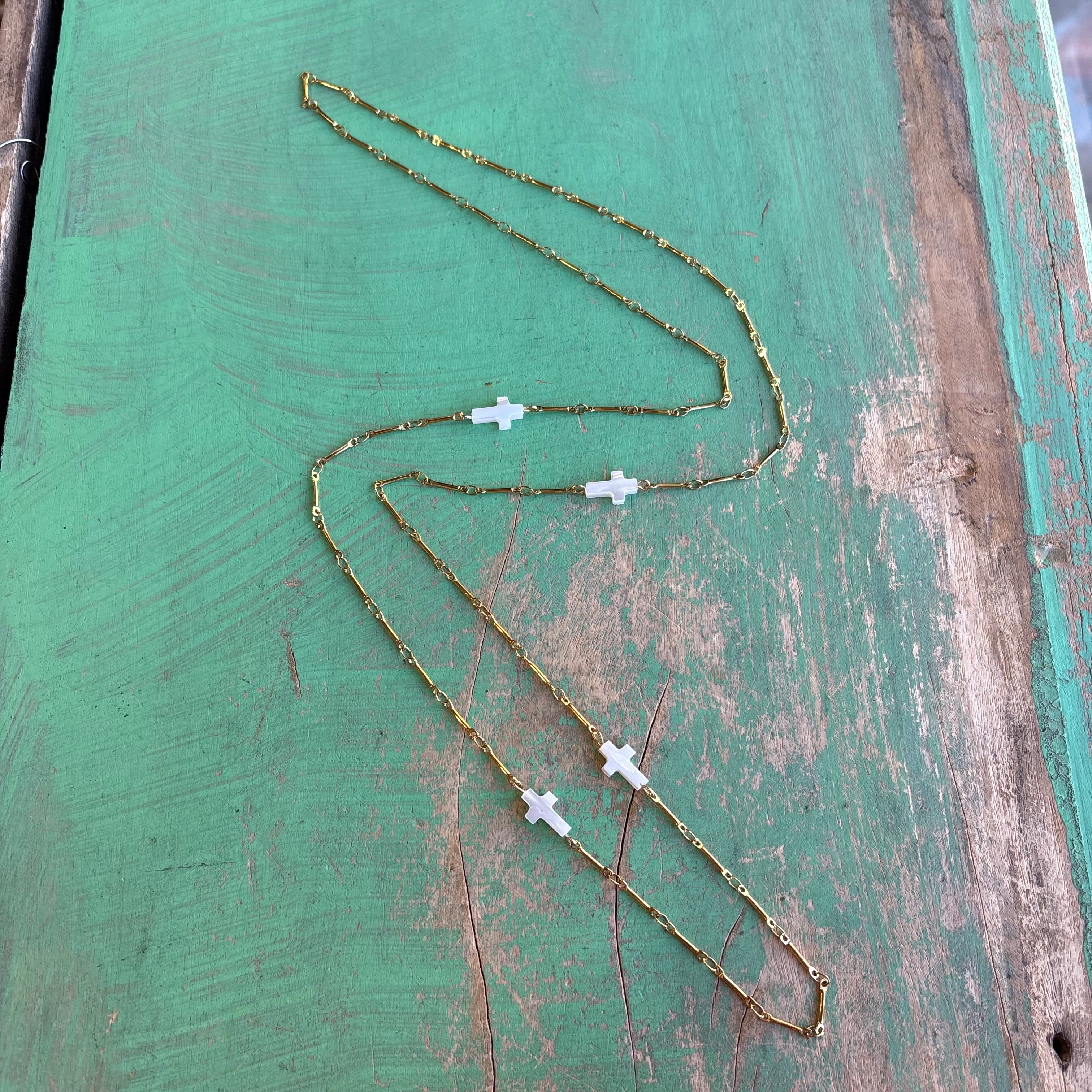 Shell Cross Long Bar Link Chain Necklace