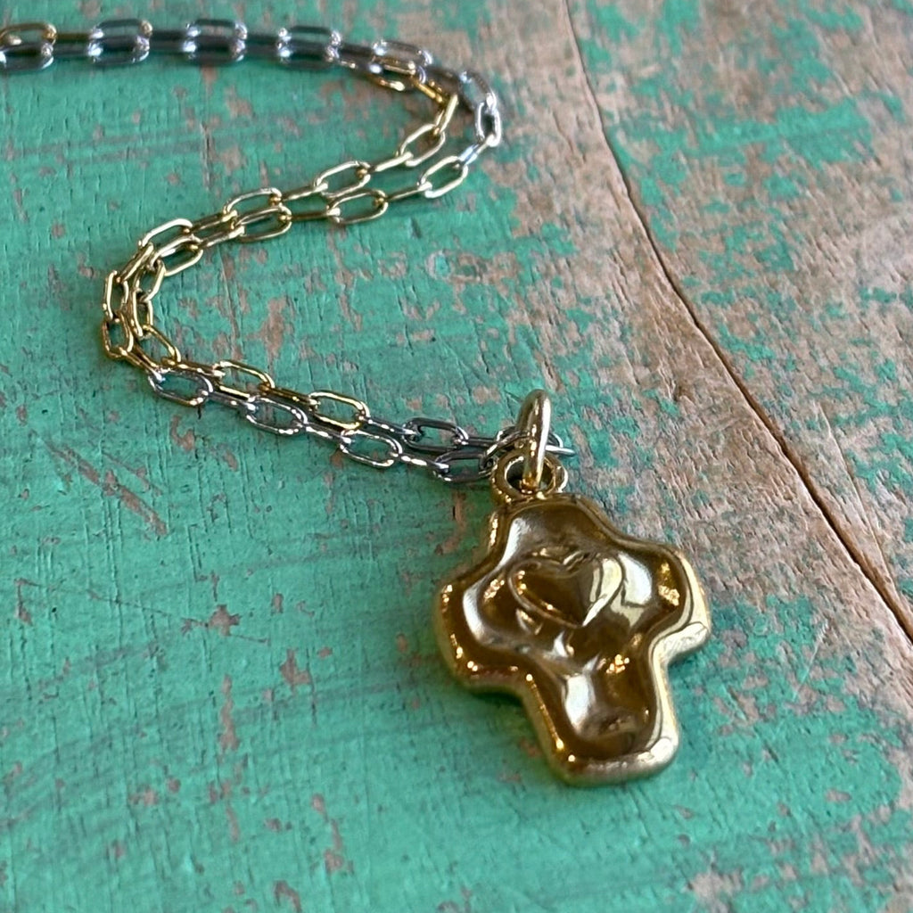 Two Tone Heart Cross Stainless Steel Necklace