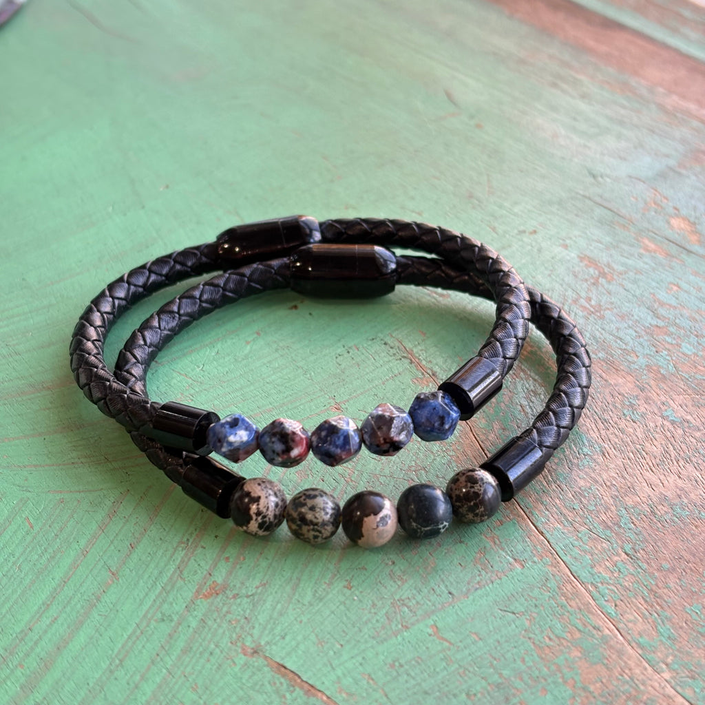 Black Braided Leather Bracelet with Genuine Stones