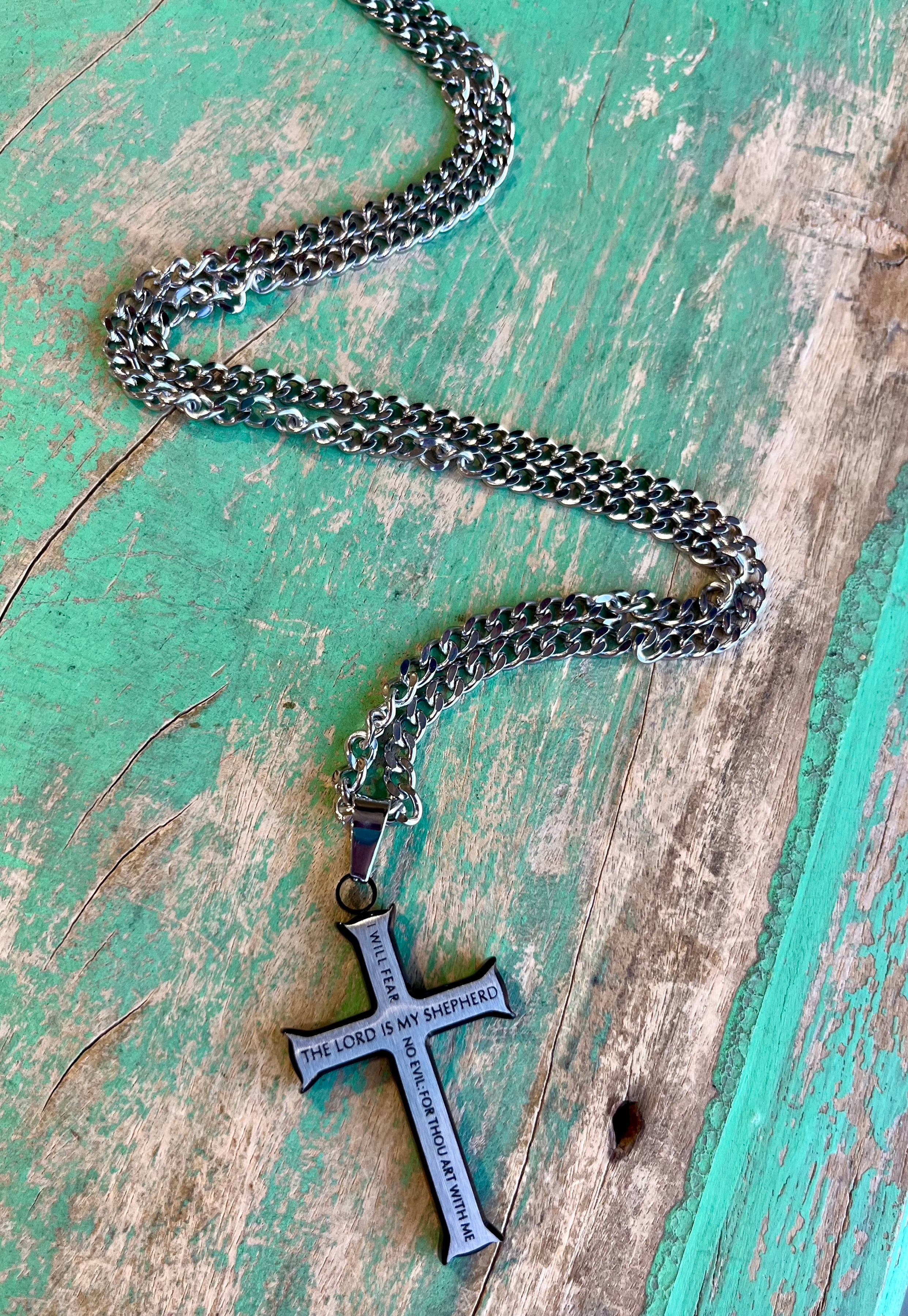 Black and Silver Iron Cross Philippians 2:10-11 Necklace