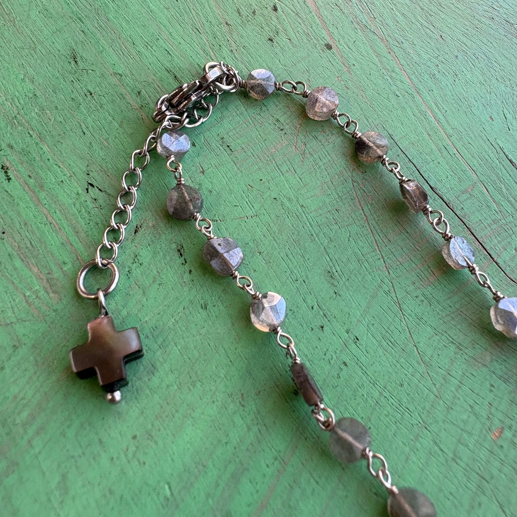 Radiant Grace Labradorite And Shell Pearl Teardrop Necklace