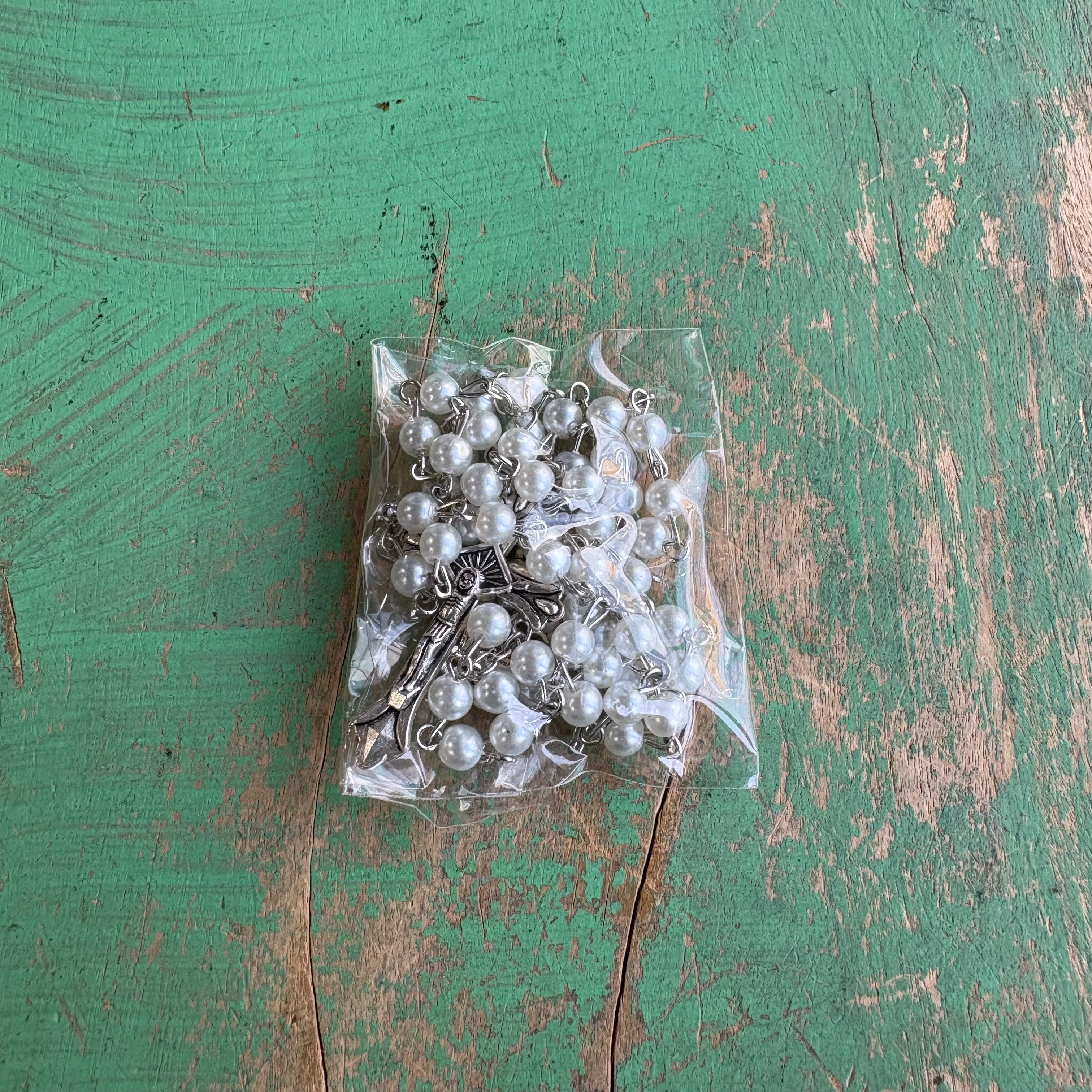 White First Communion Glass Rosary Kit