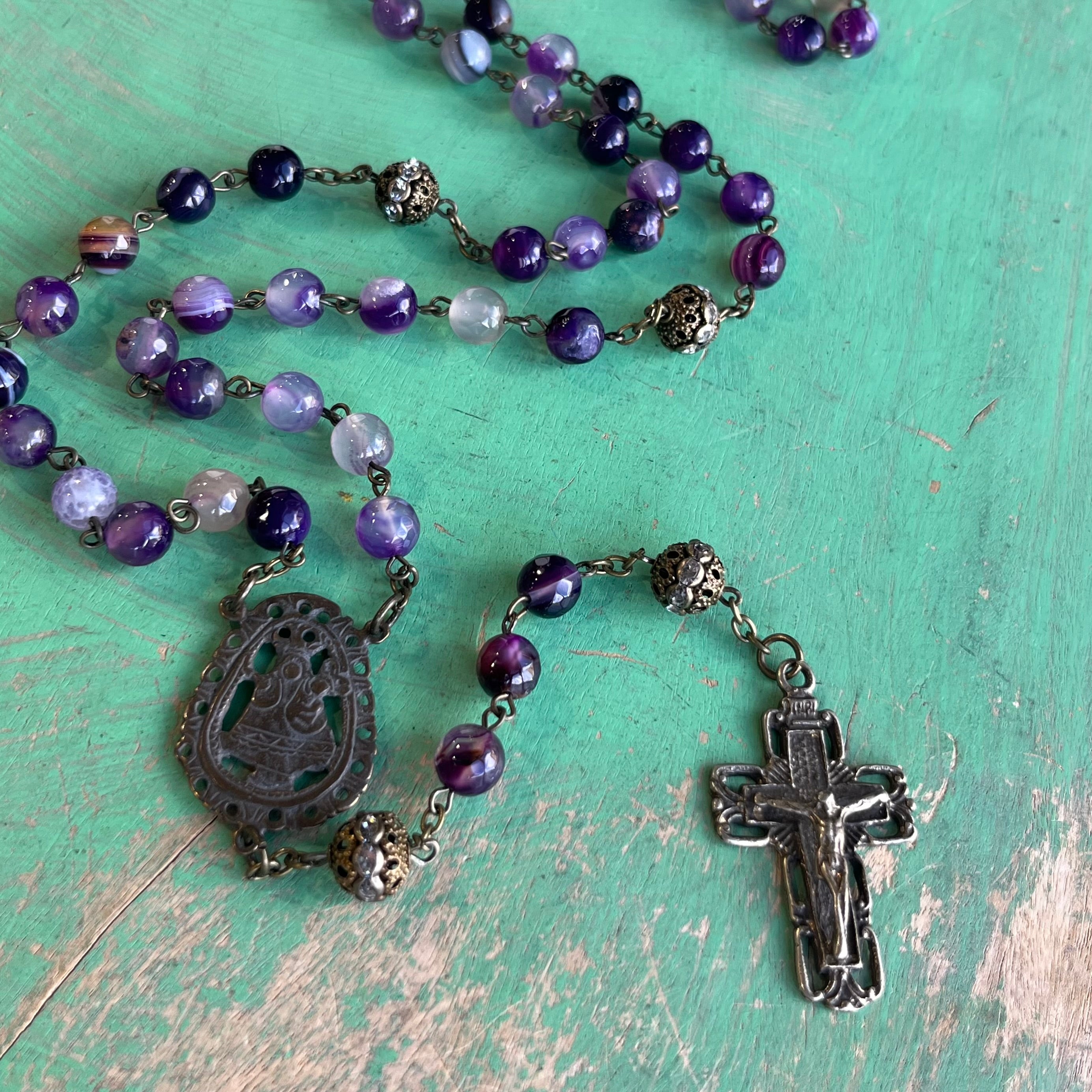 Agate Purple Bronze Madonna and Child Rosary