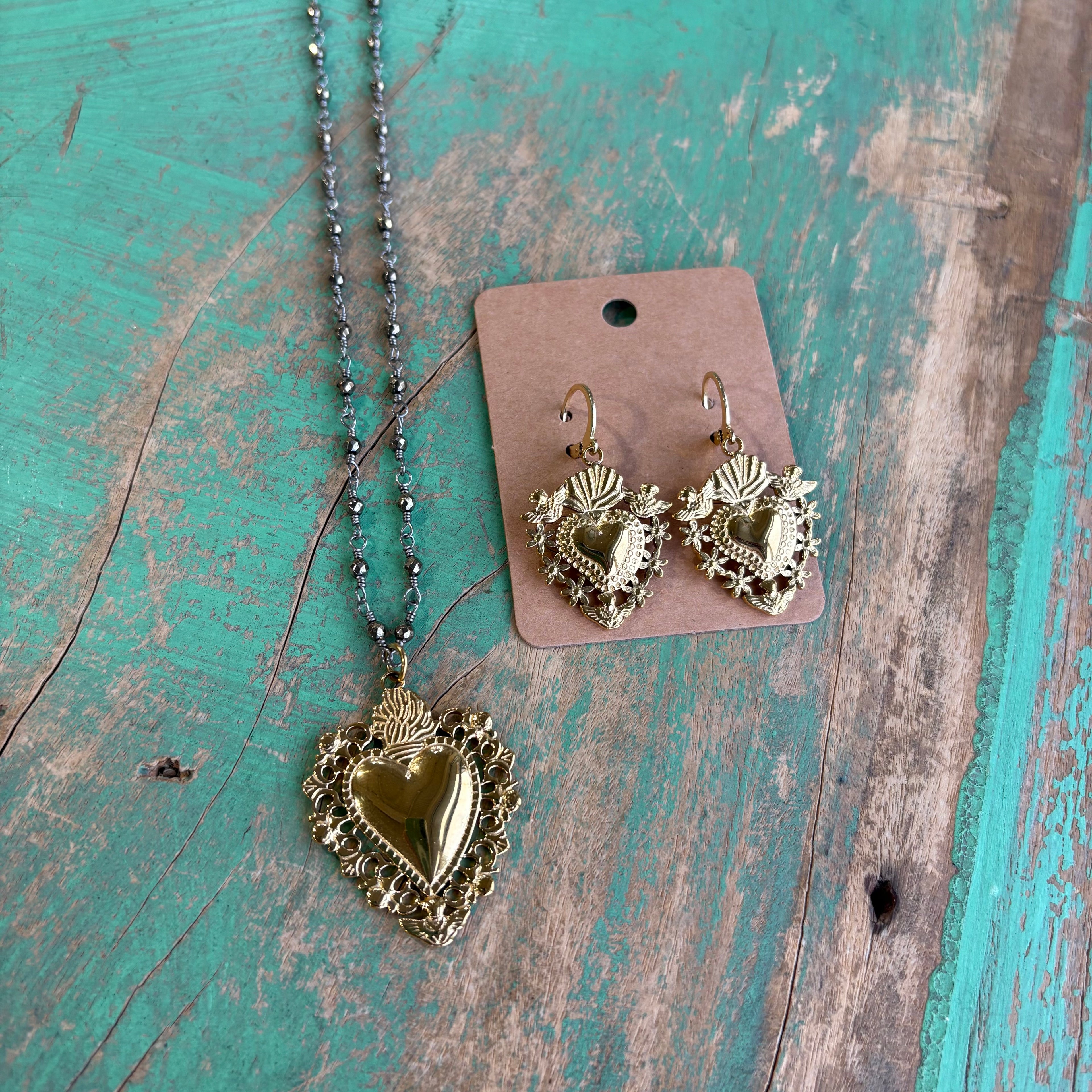 Angel Sacred Heart Hematite Necklace or Earrings