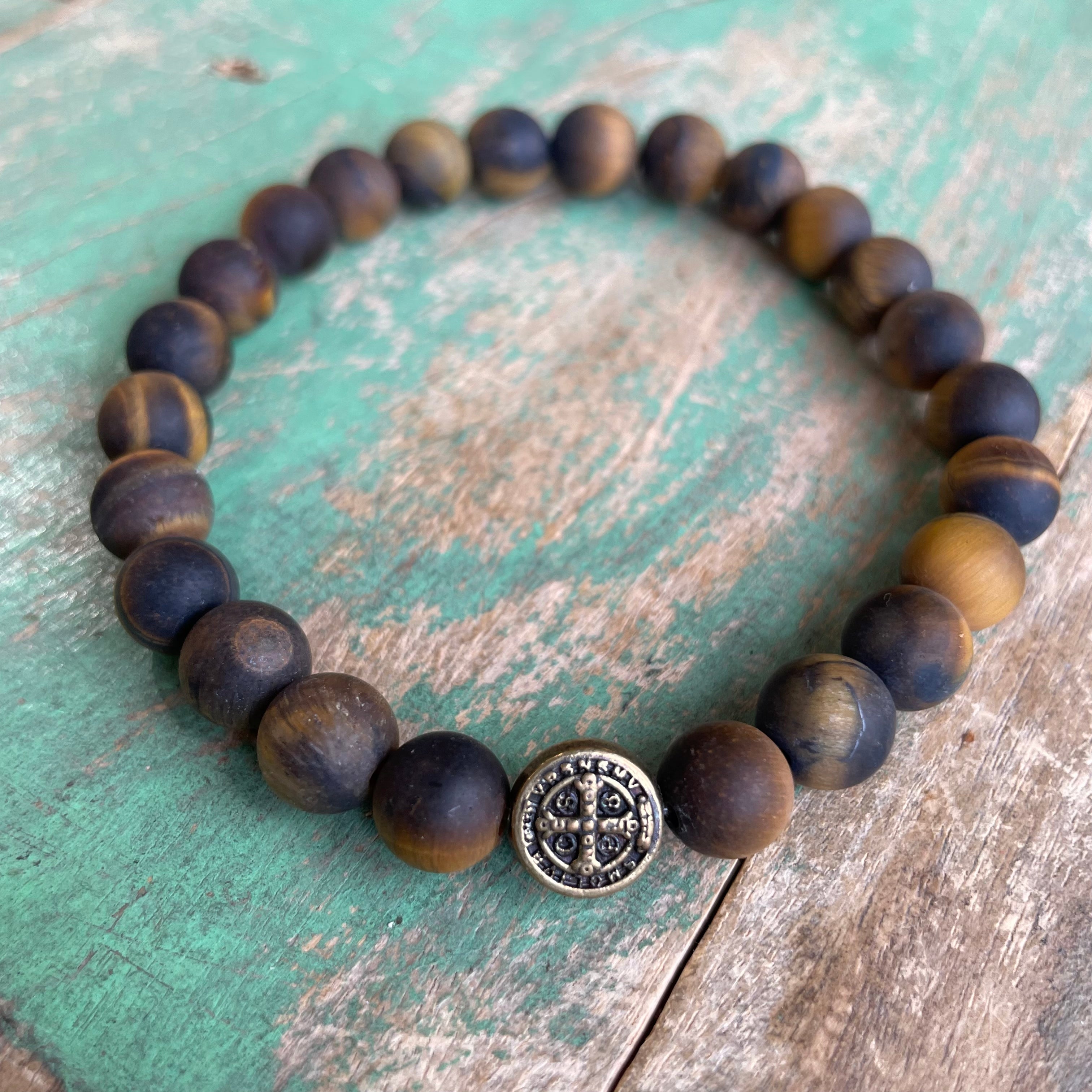 Brown Matte Tiger Eye Bronze St Benedict Bracelet
