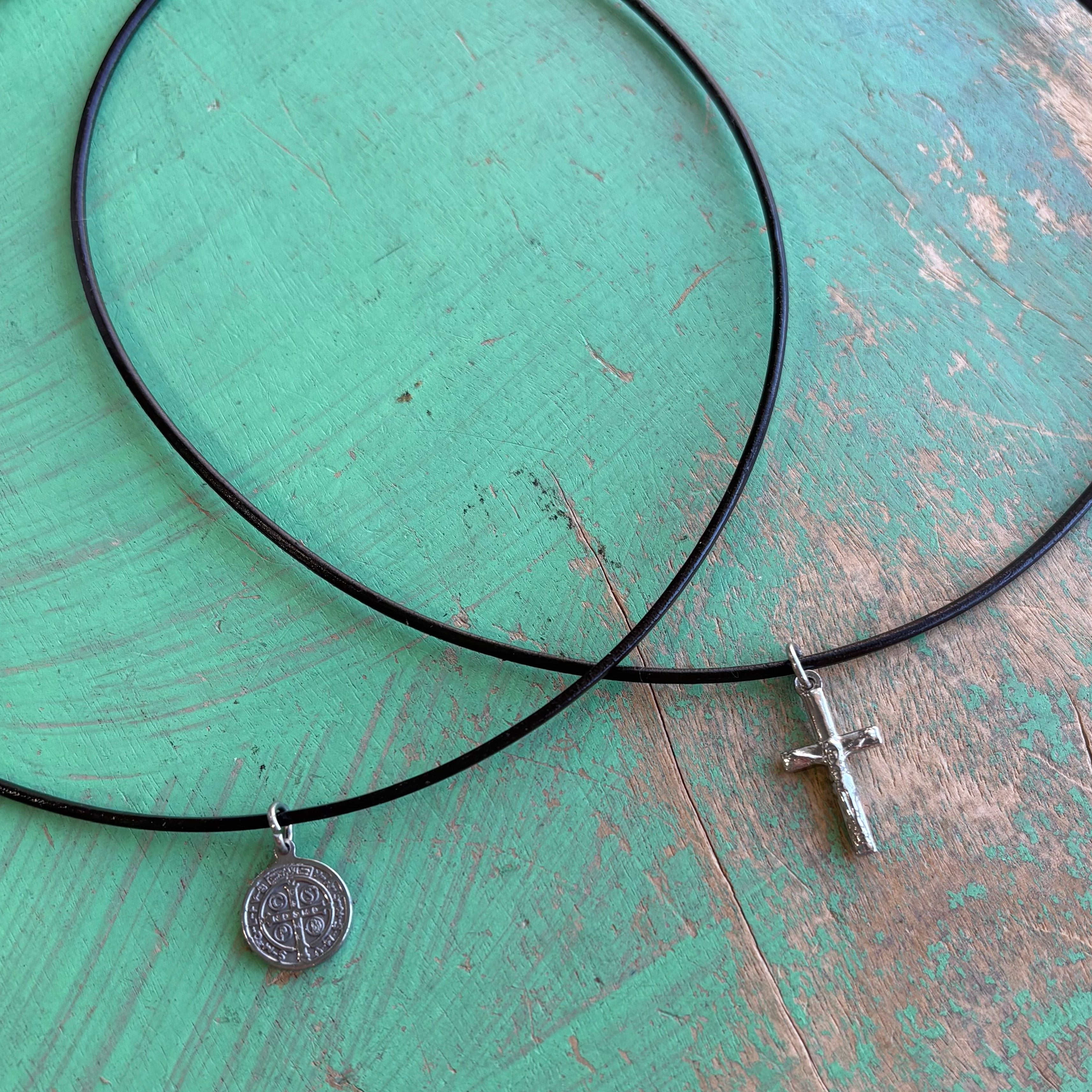 Leather Cord Stainless Steel Medals Necklace