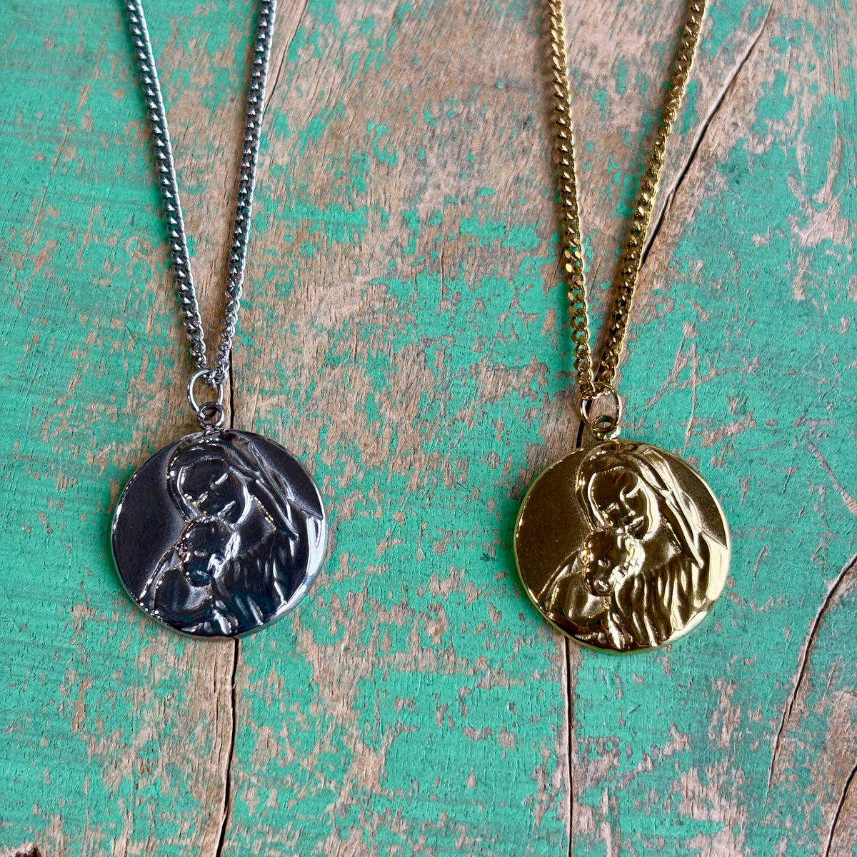 Madonna & Child Stainless Steel Medal Necklace – Gold or Silver