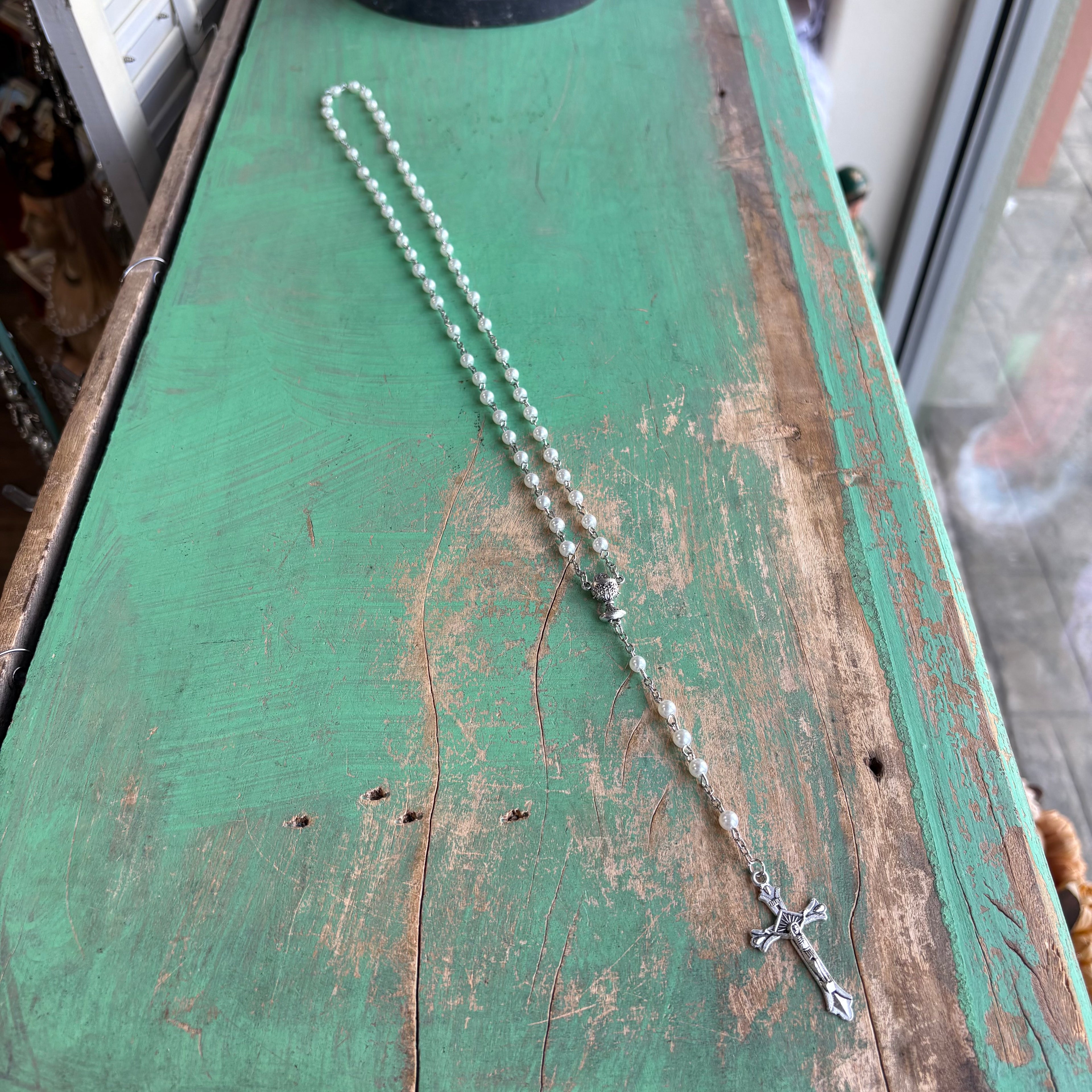 White First Communion Glass Rosary Kit