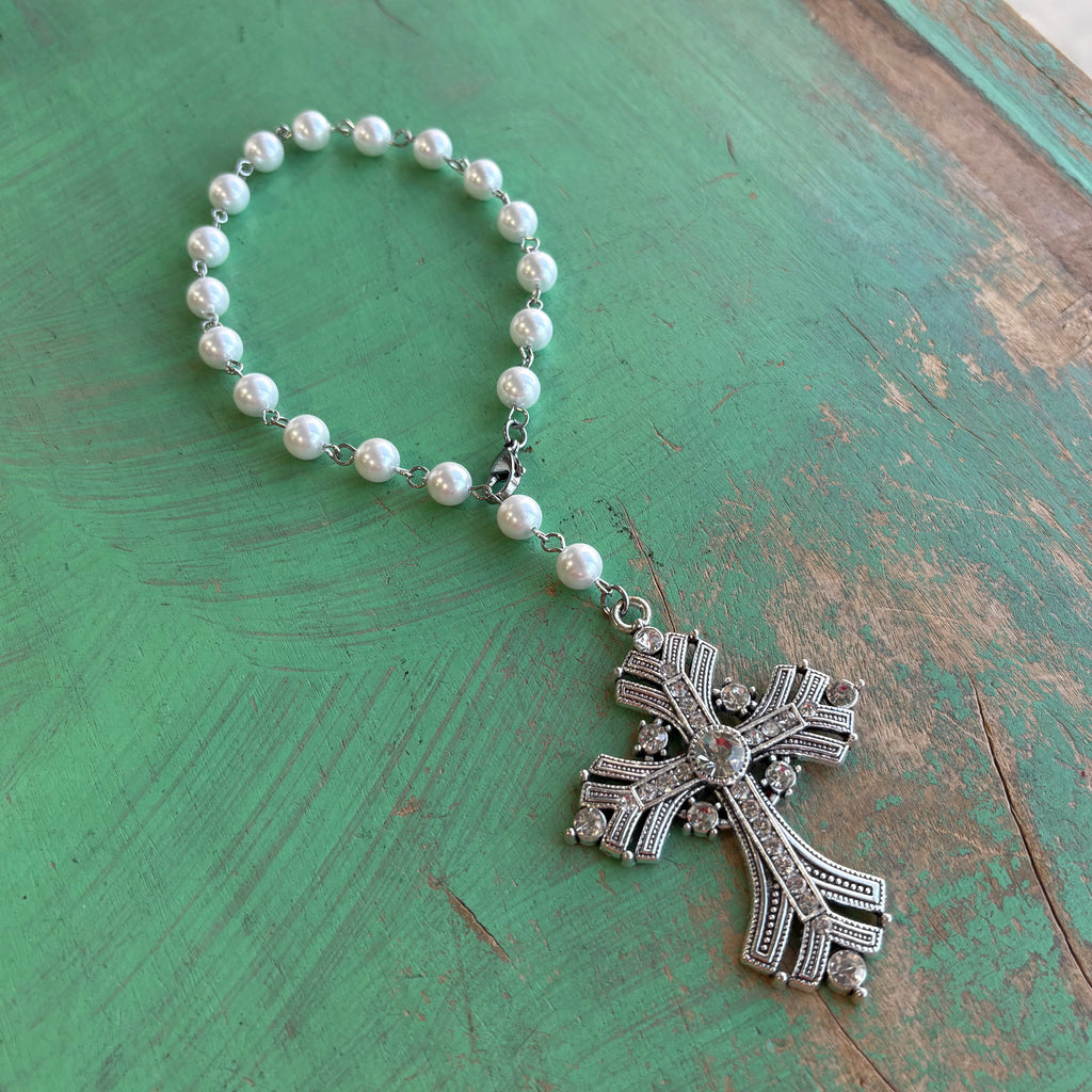 Victorian Inspired Jeweled Cross Glass Pearl Car Blessing