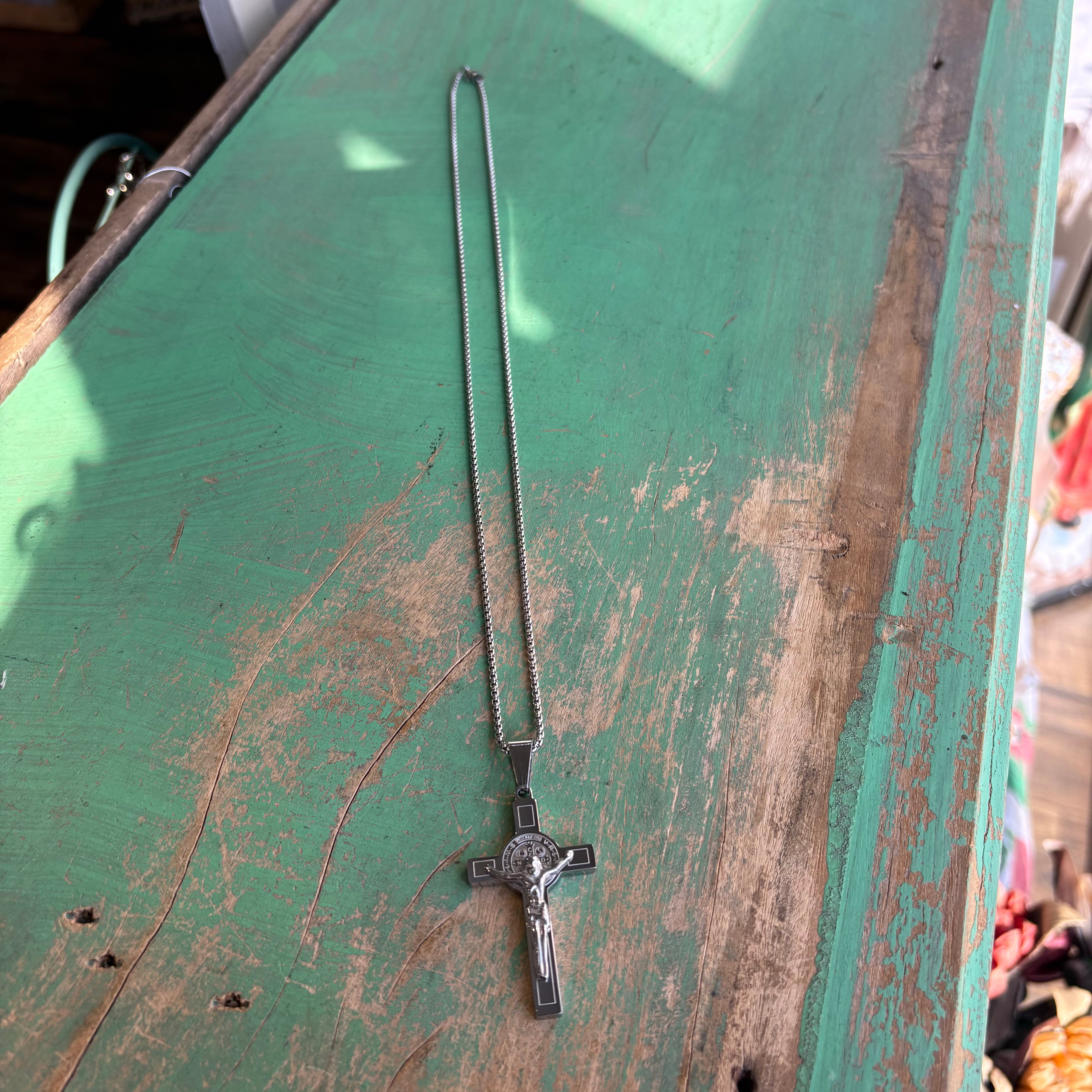 Stainless Steel Big St Benedict Crucifix Necklace