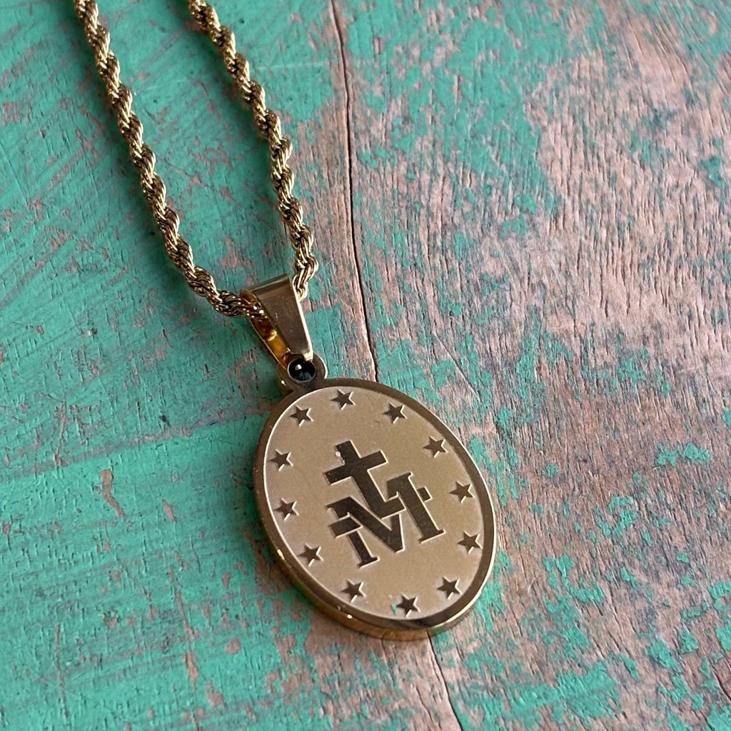 Stainless Steel Miraculous Medal Rope Chain Necklace