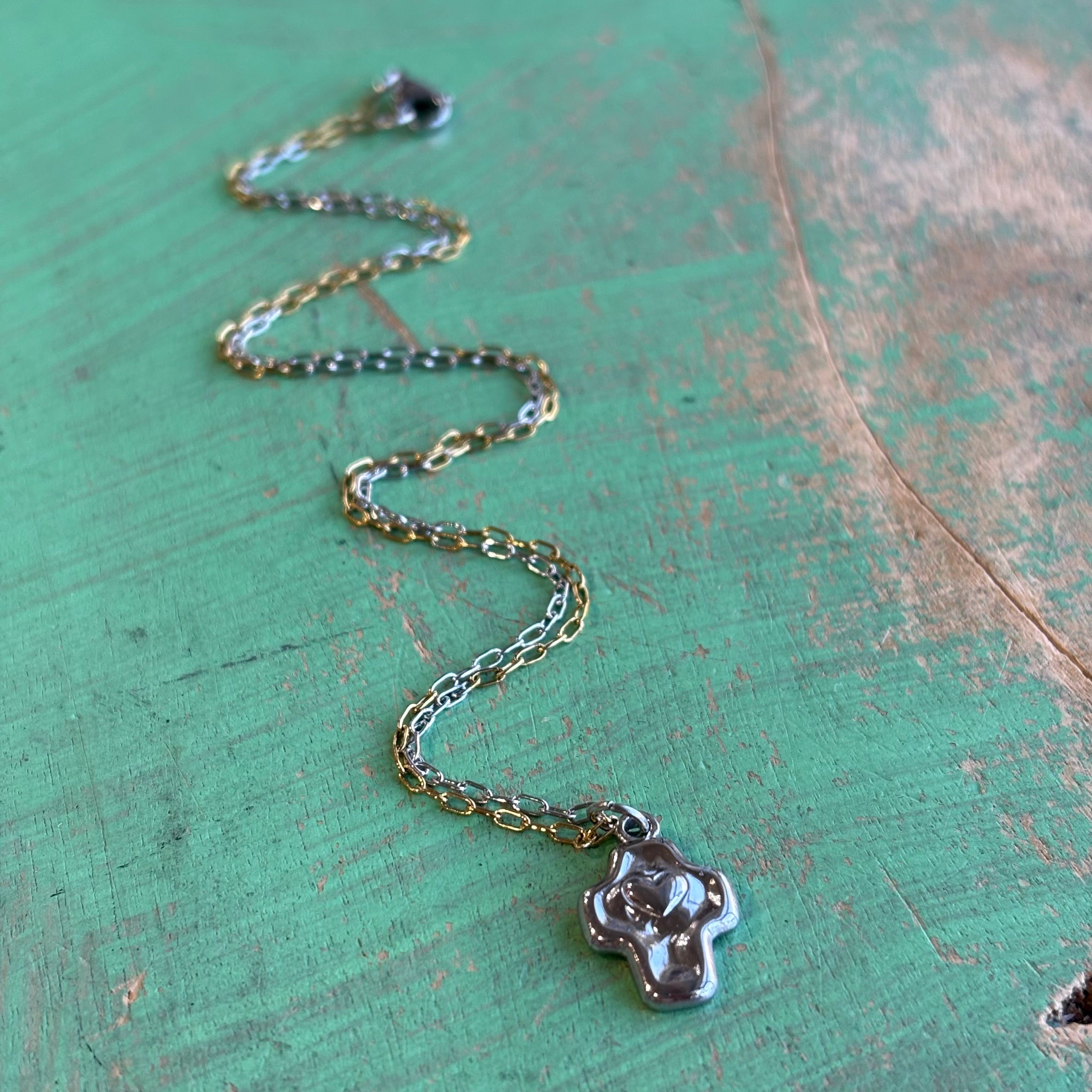 Two Tone Heart Cross Stainless Steel Necklace