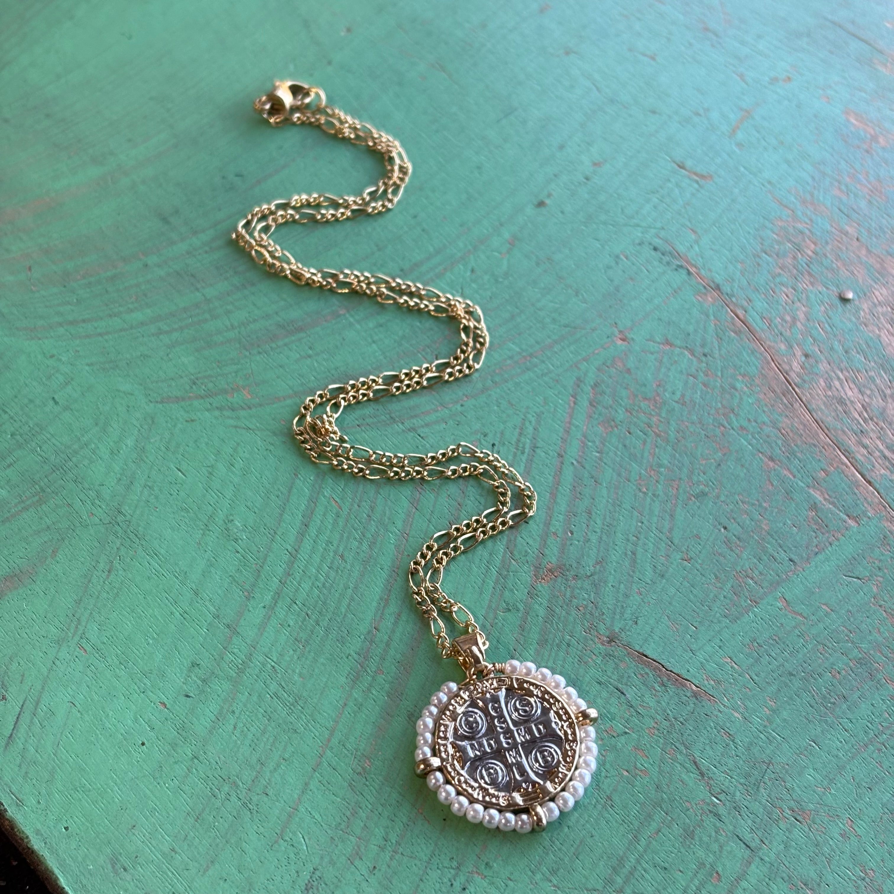 Two Tone Pearl St Benedict Necklace or Earrings