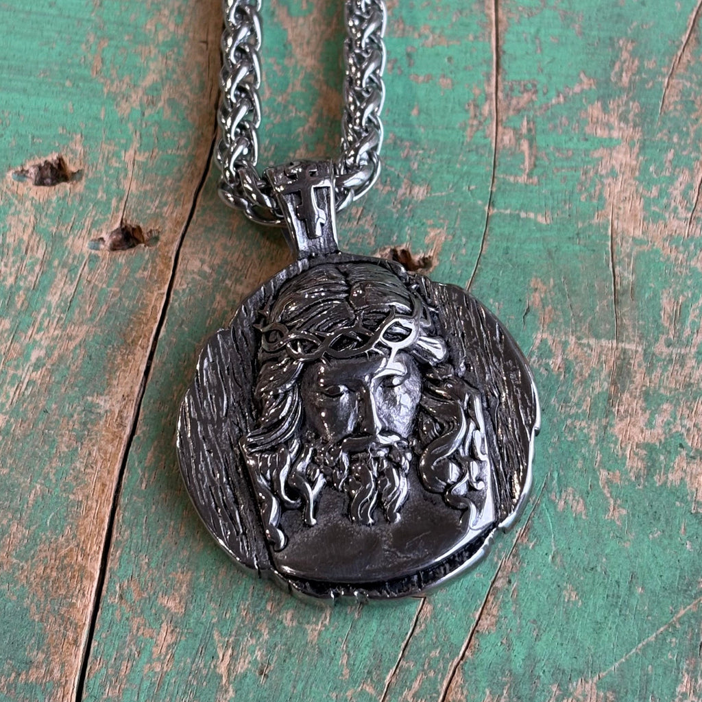 Jesus Medallion Stainless Steel Wheat Chain Necklace – 24”