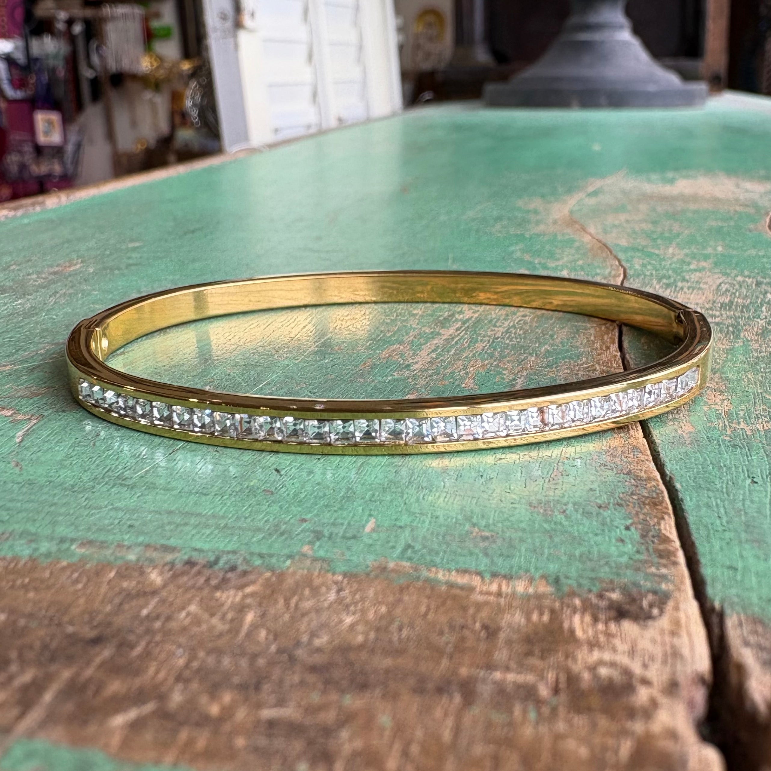 Gold Stainless Steel and Cubic Zirconia Bangle
