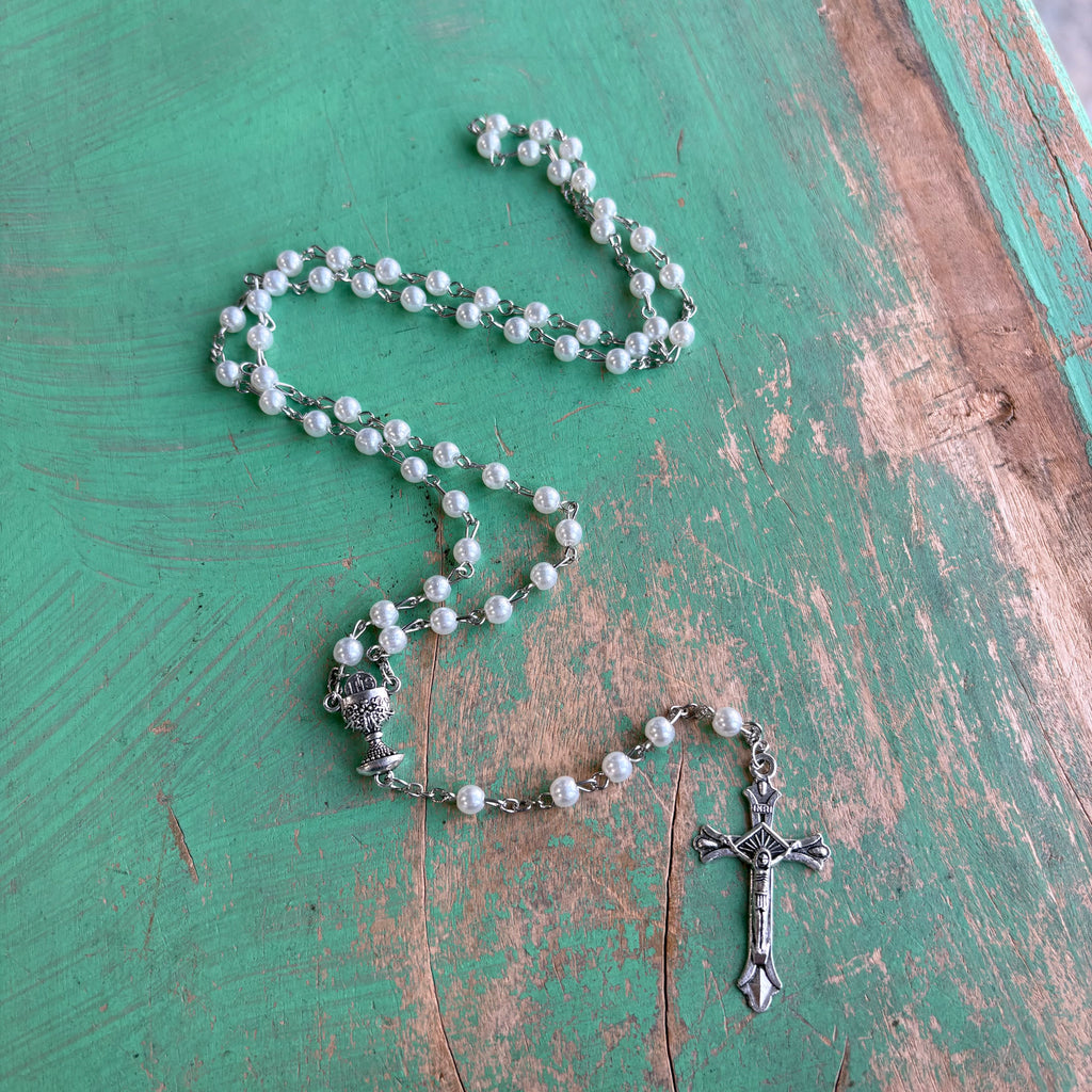White First Communion Glass Rosary Kit
