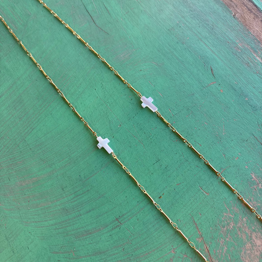 Shell Cross Long Bar Link Chain Necklace