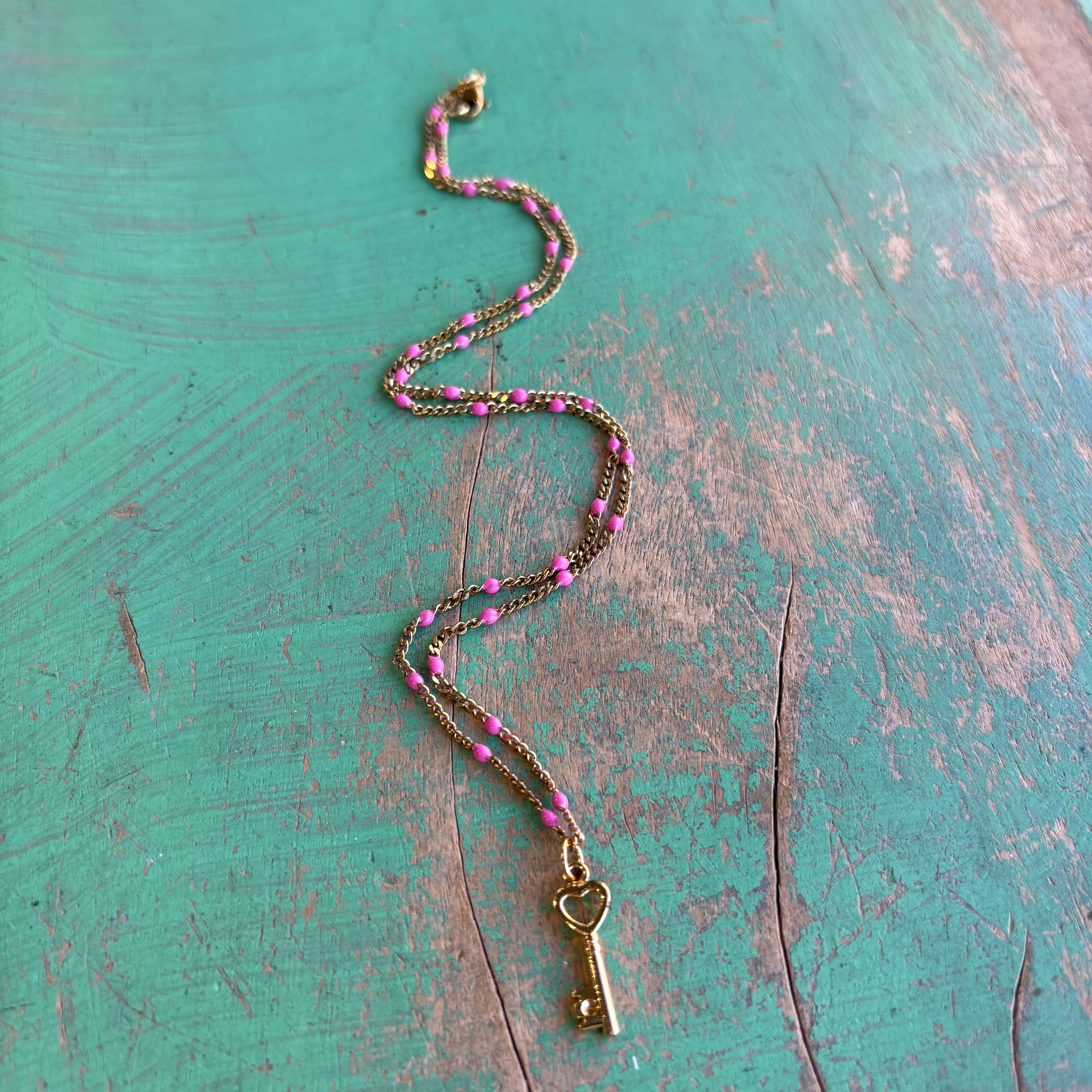 Pink Enamel Key to My Heart Necklace