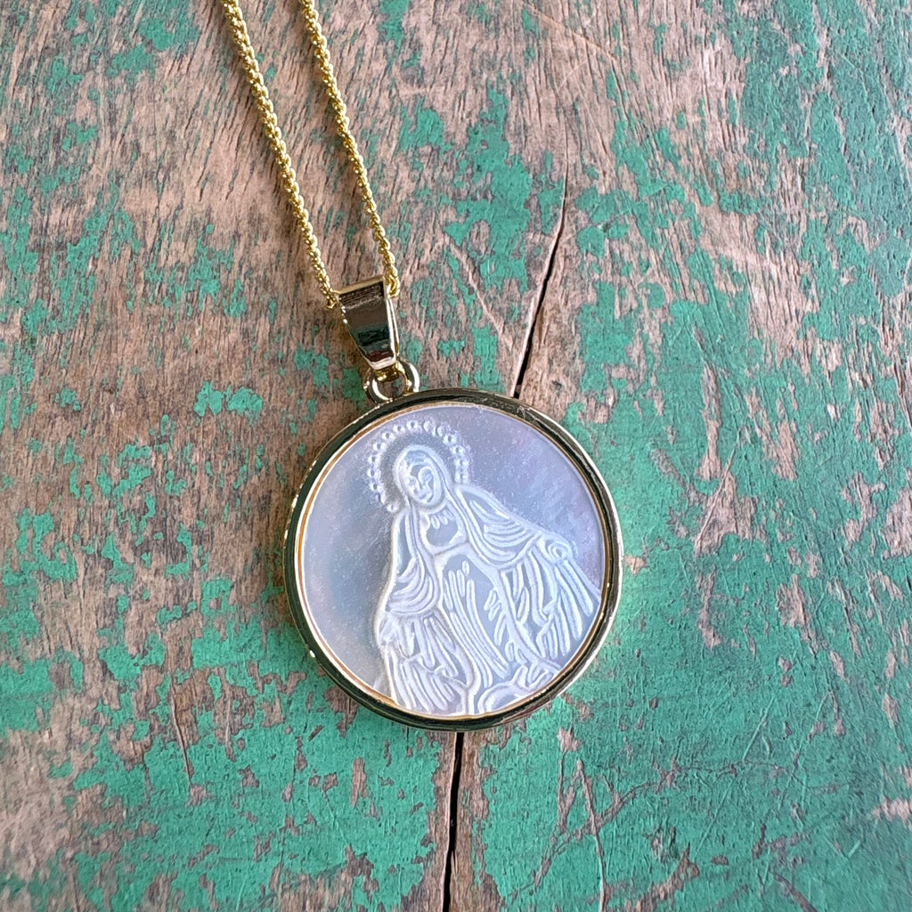 Gold Chain with Mother of Pearl Our Lady of Grace Pendant