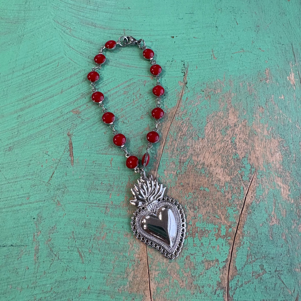 Long Red Enamel Sacred Heart Necklace or Bracelet