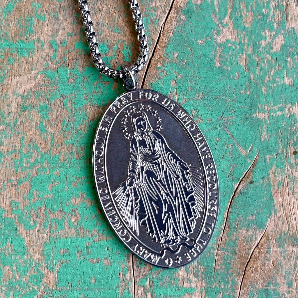 Stainless Steel Miraculous Medal 28” Necklace