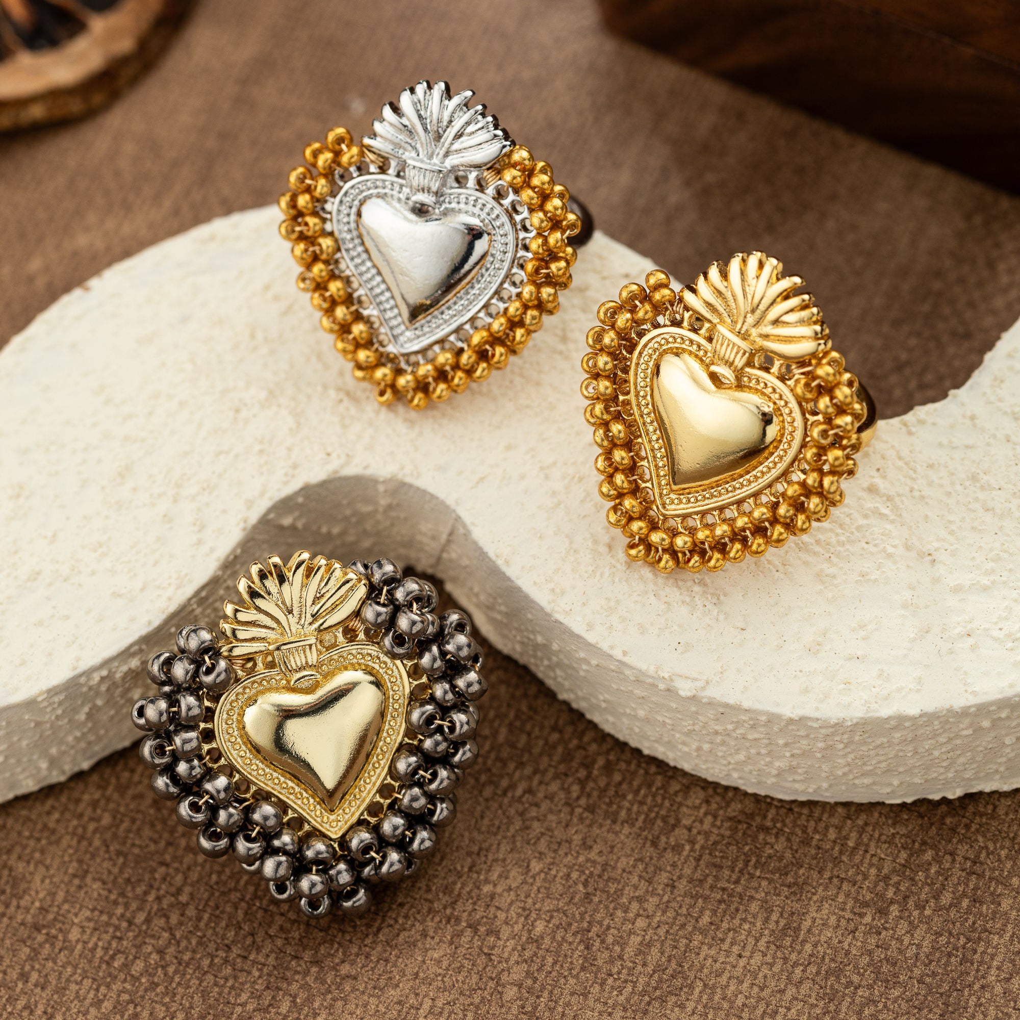 Beaded Sacred Heart Adjustable Ring – Gold & Silver Plated Faith Jewelry