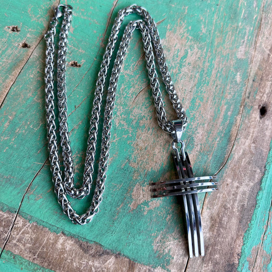 Stainless Steel Striped Cross Necklace
