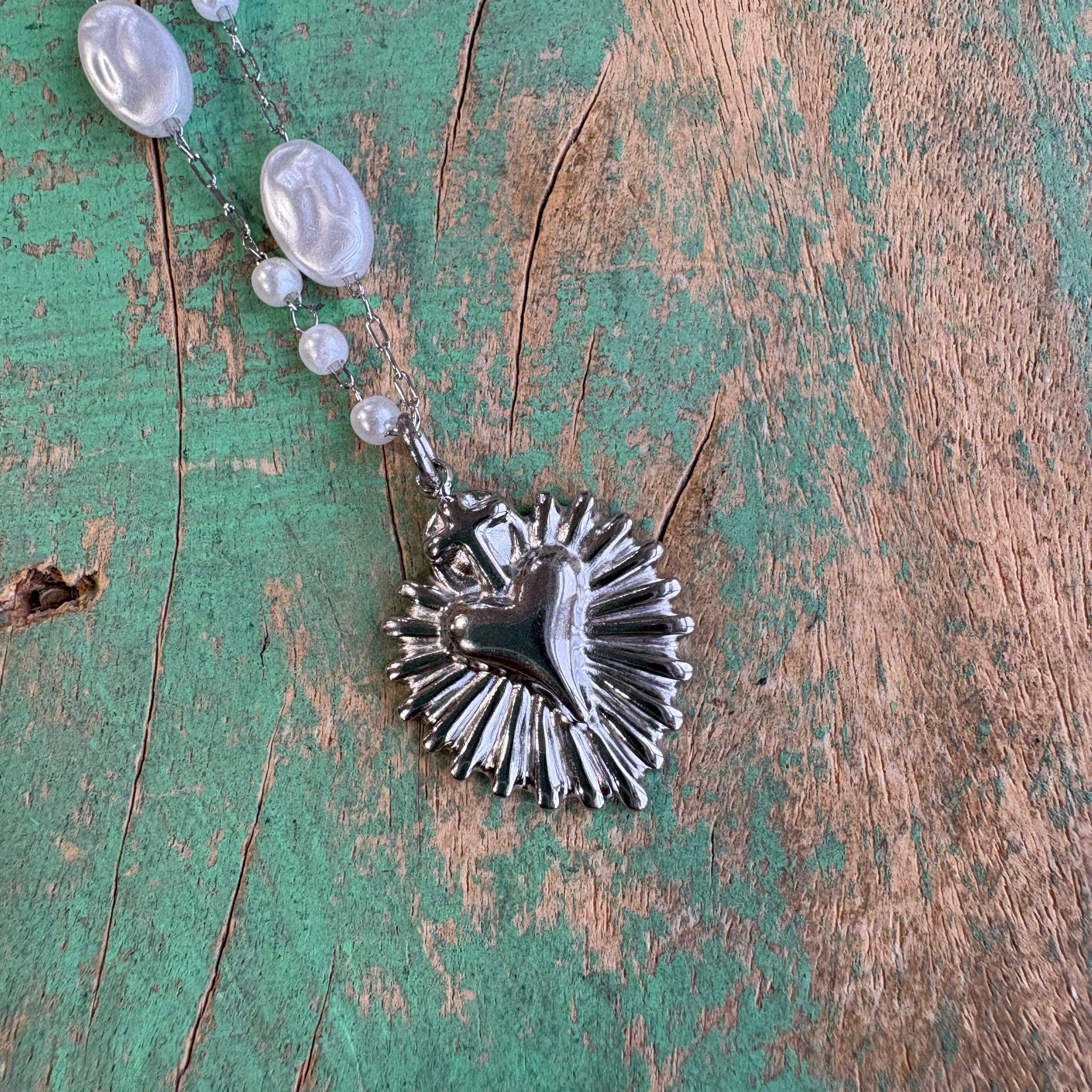 Silver Sacred Heart Pearl Chain Necklace or Earrings