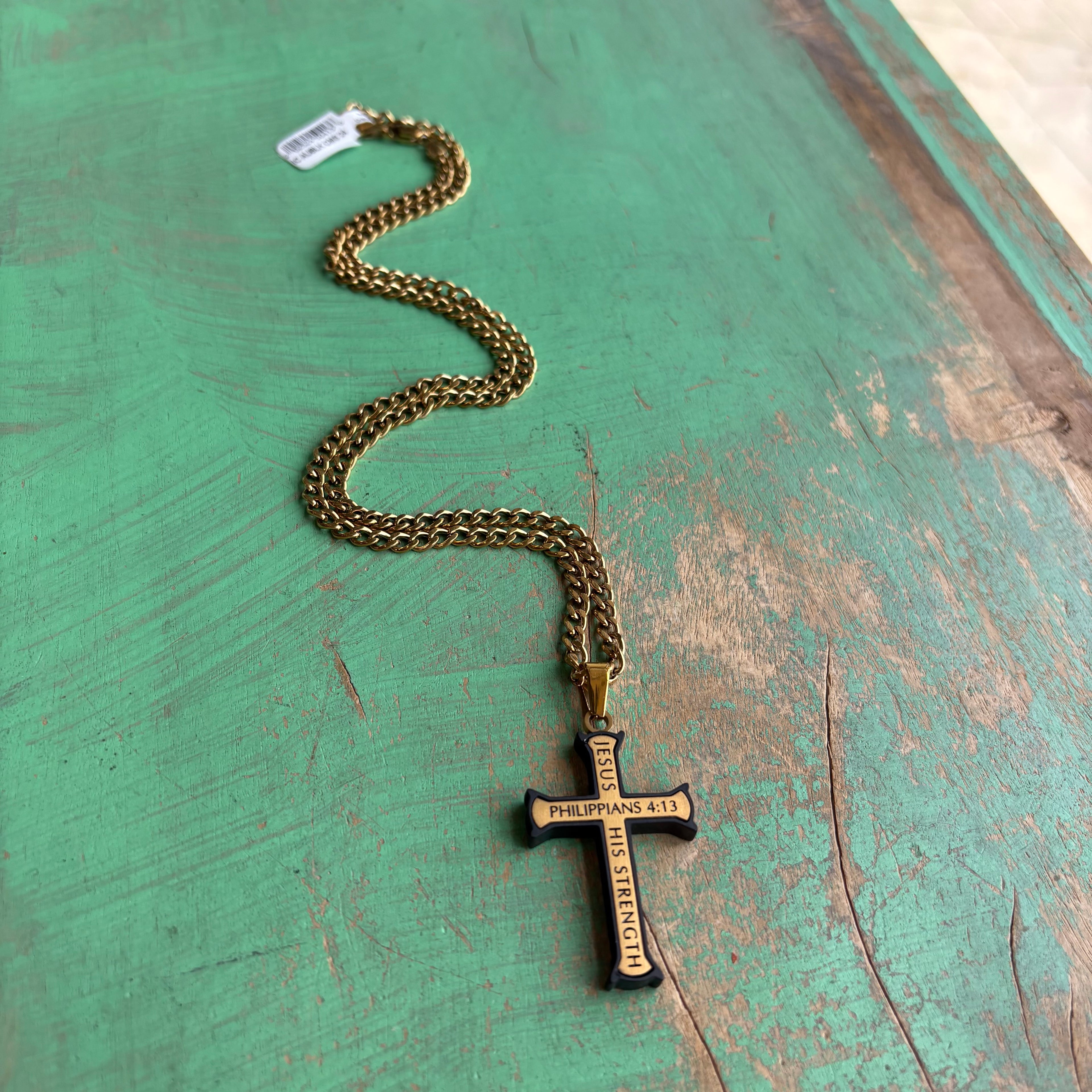 Gold and Black Iron Cross 24" Necklace
