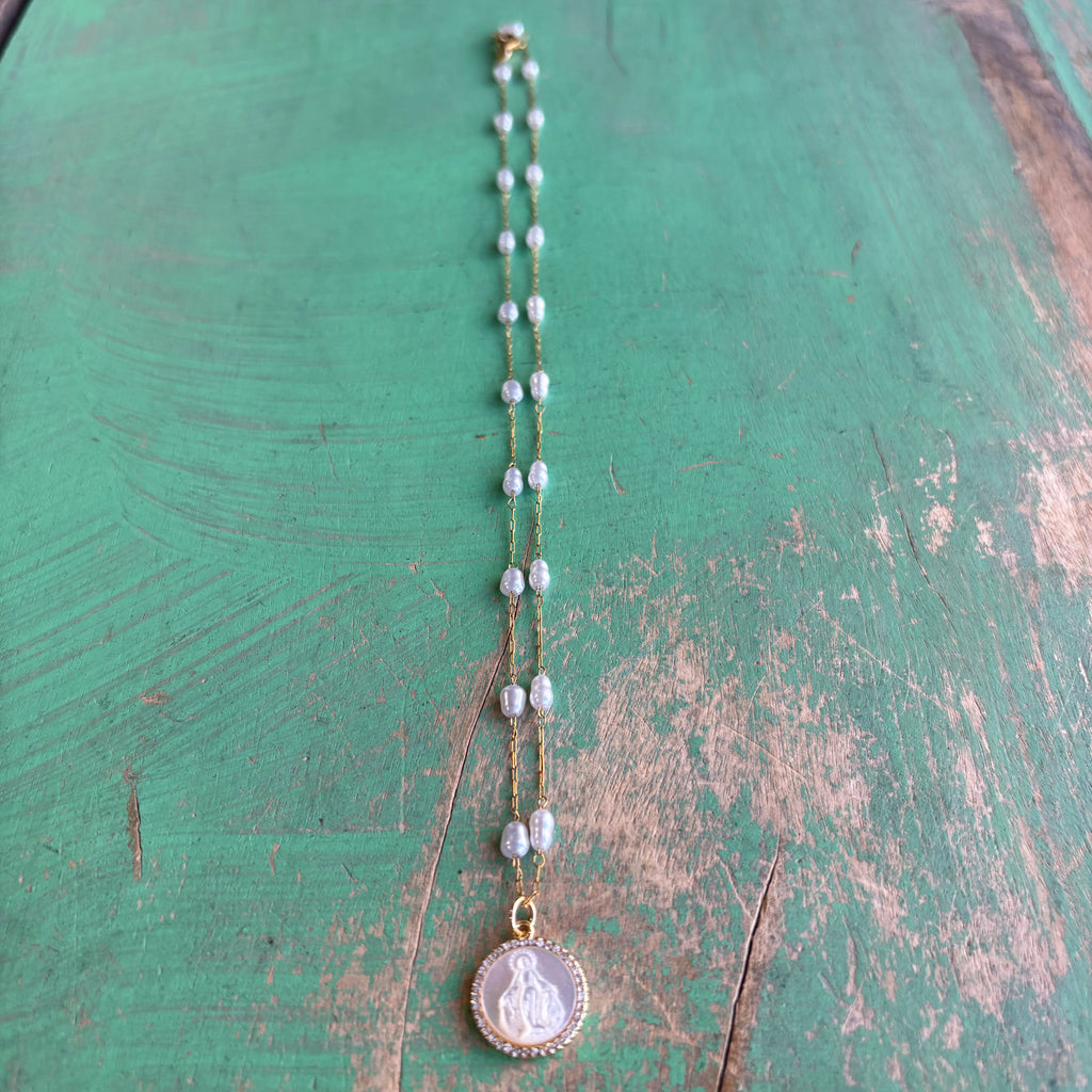 Our Lady of Grace Pearl Chain Necklace