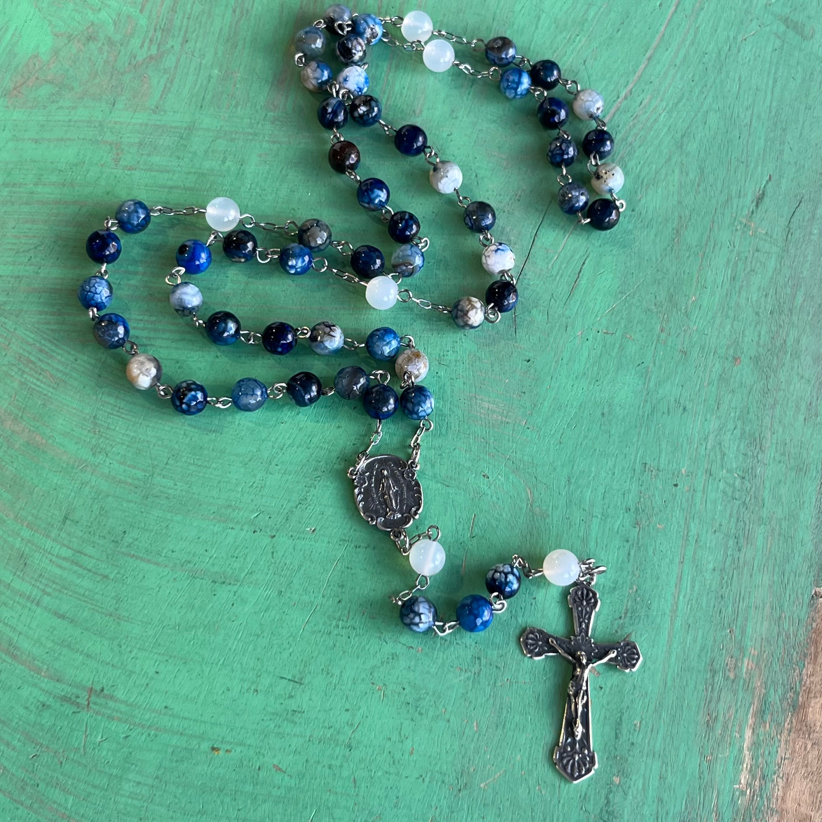 Agate Blue Silver Plated Miraculous Medal Rosary