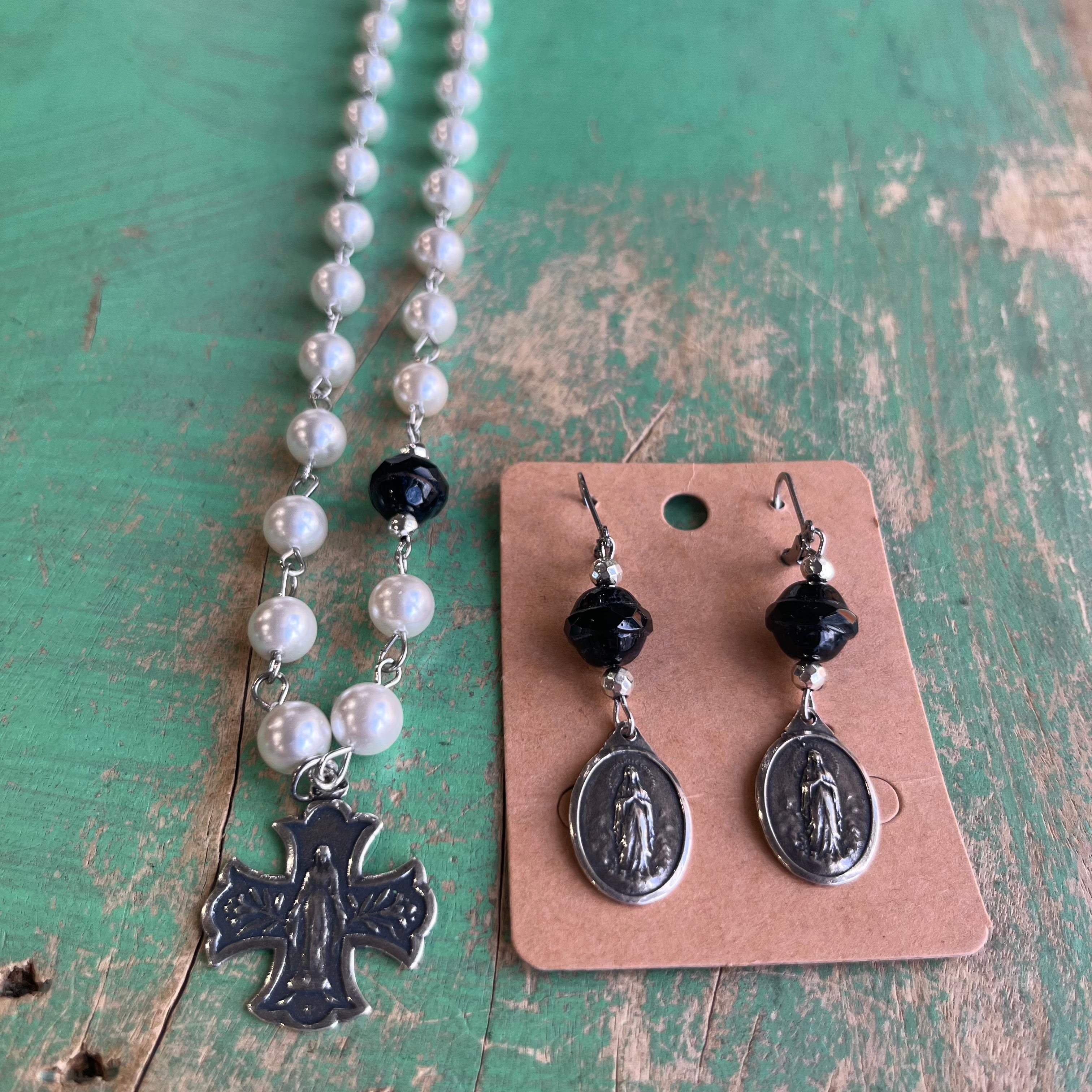 Mary Cross Pearl Necklace or Earrings