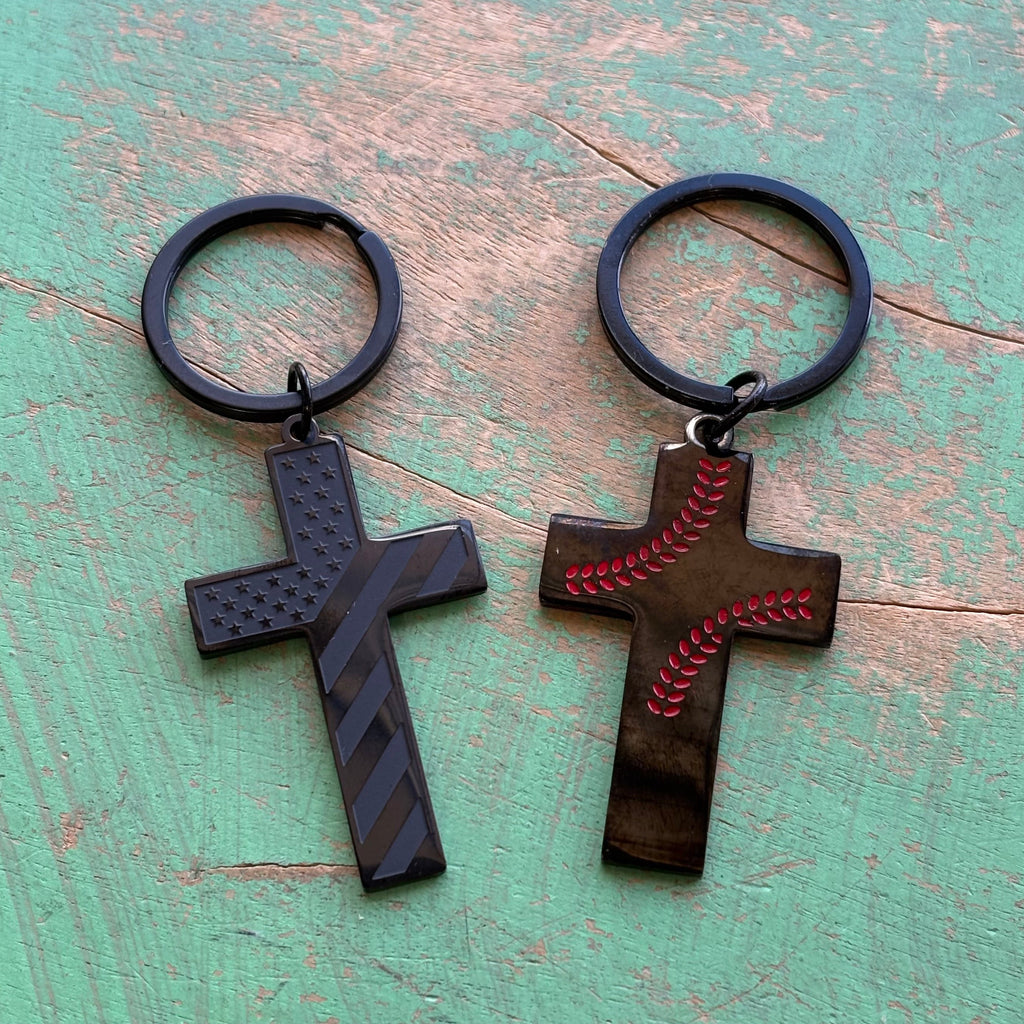 Black Stainless Steel Courageous Cross Keychain