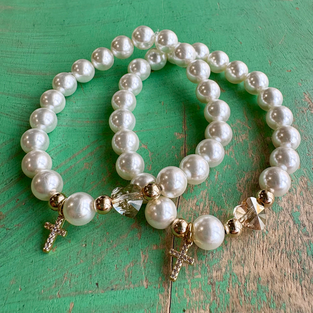 Crystal Heart and Shell Pearl Bracelet