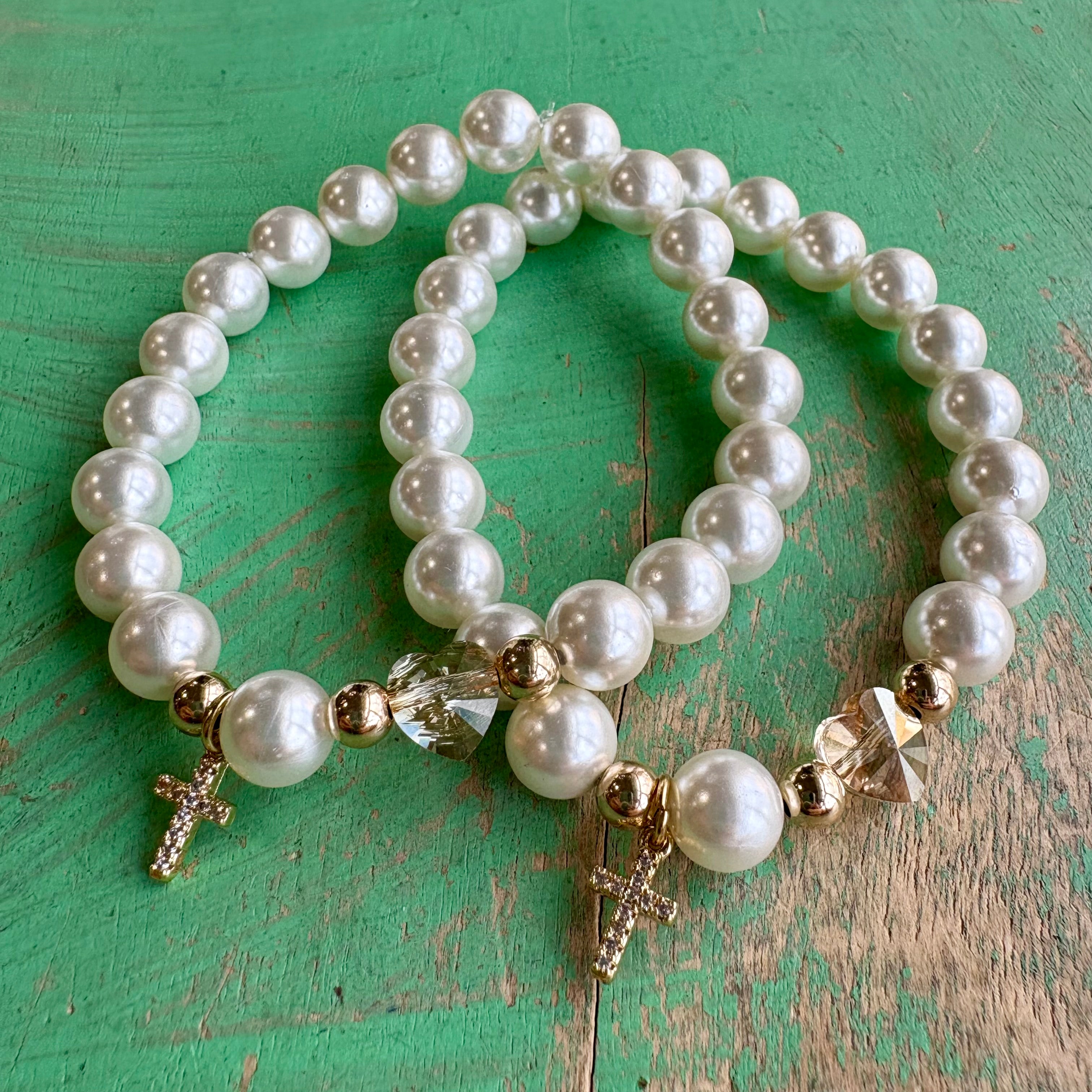 Crystal Heart and Shell Pearl Bracelet