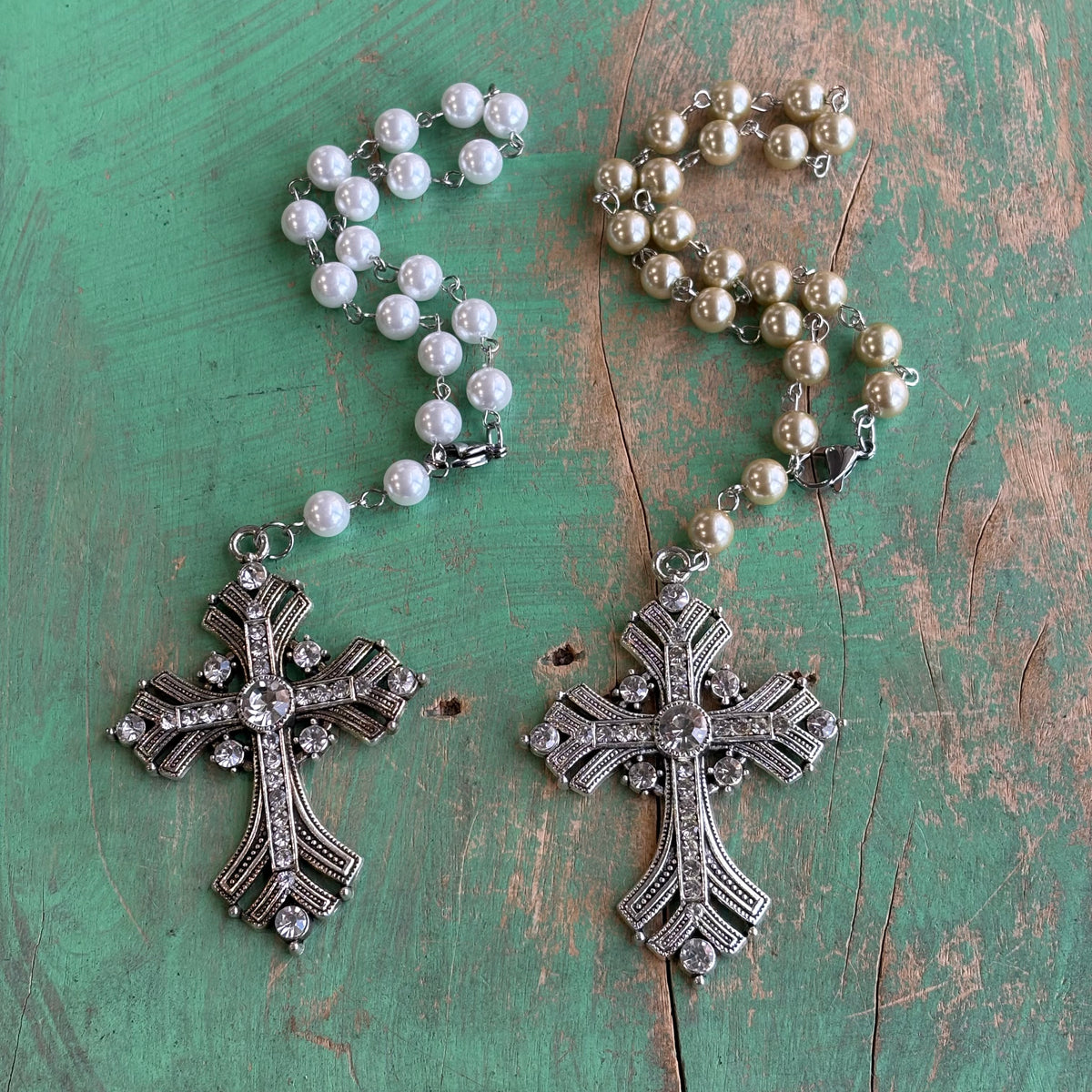 Victorian Inspired Jeweled Cross Glass Pearl Car Blessing