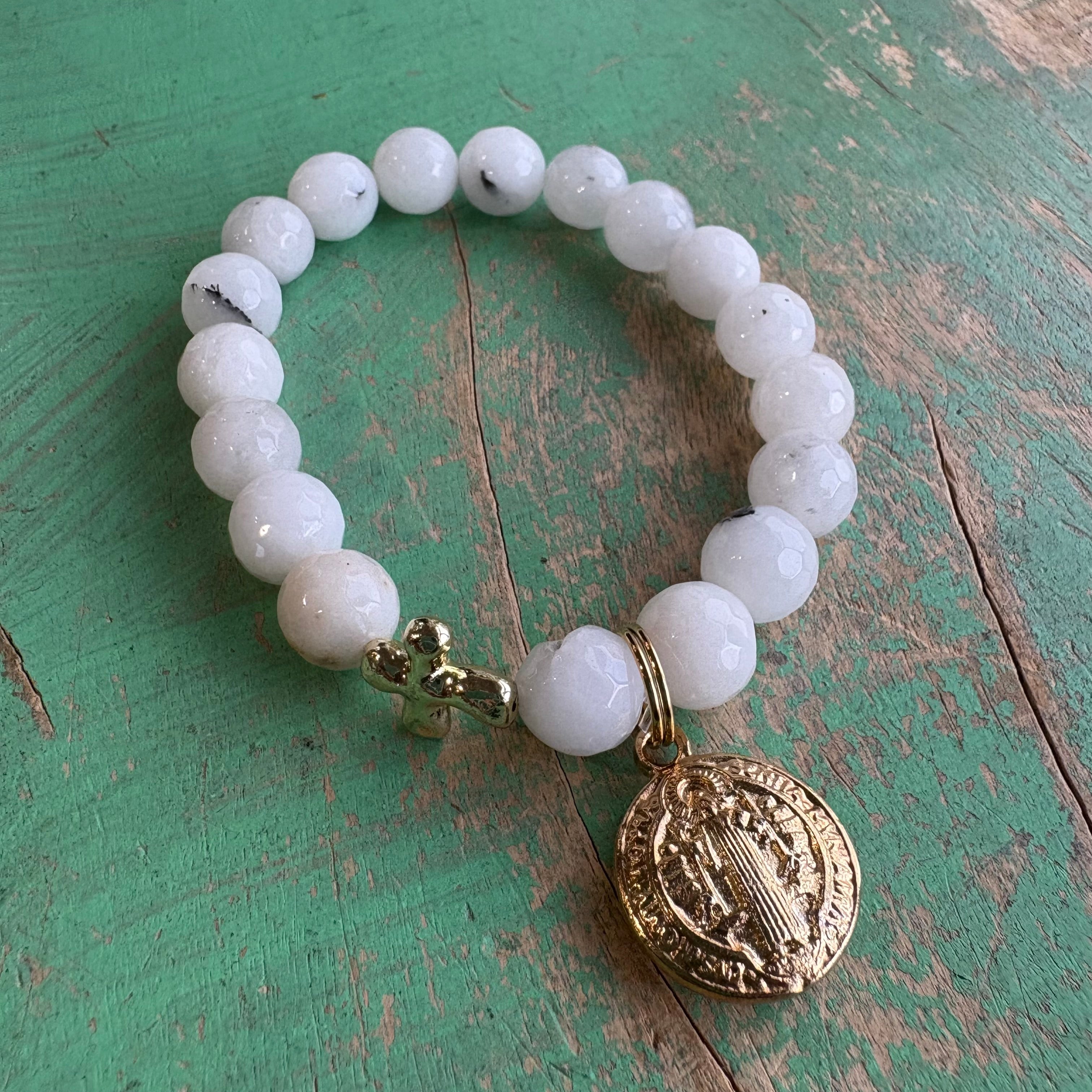 Milky Agate St Benedict Bubble Bracelet