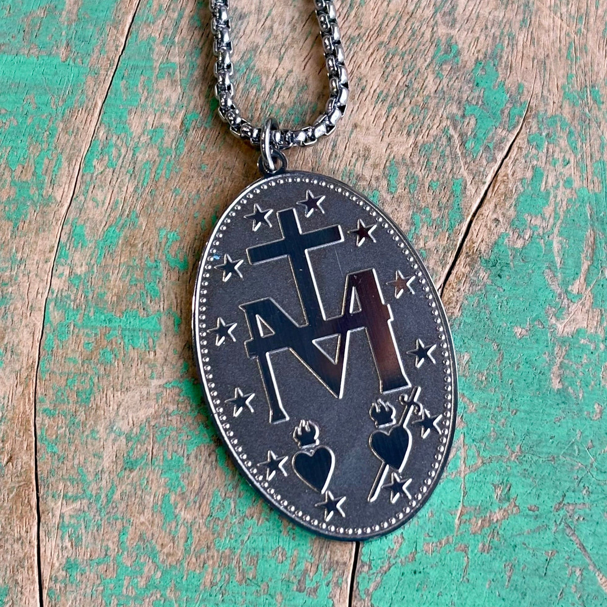 Stainless Steel Miraculous Medal 28” Necklace