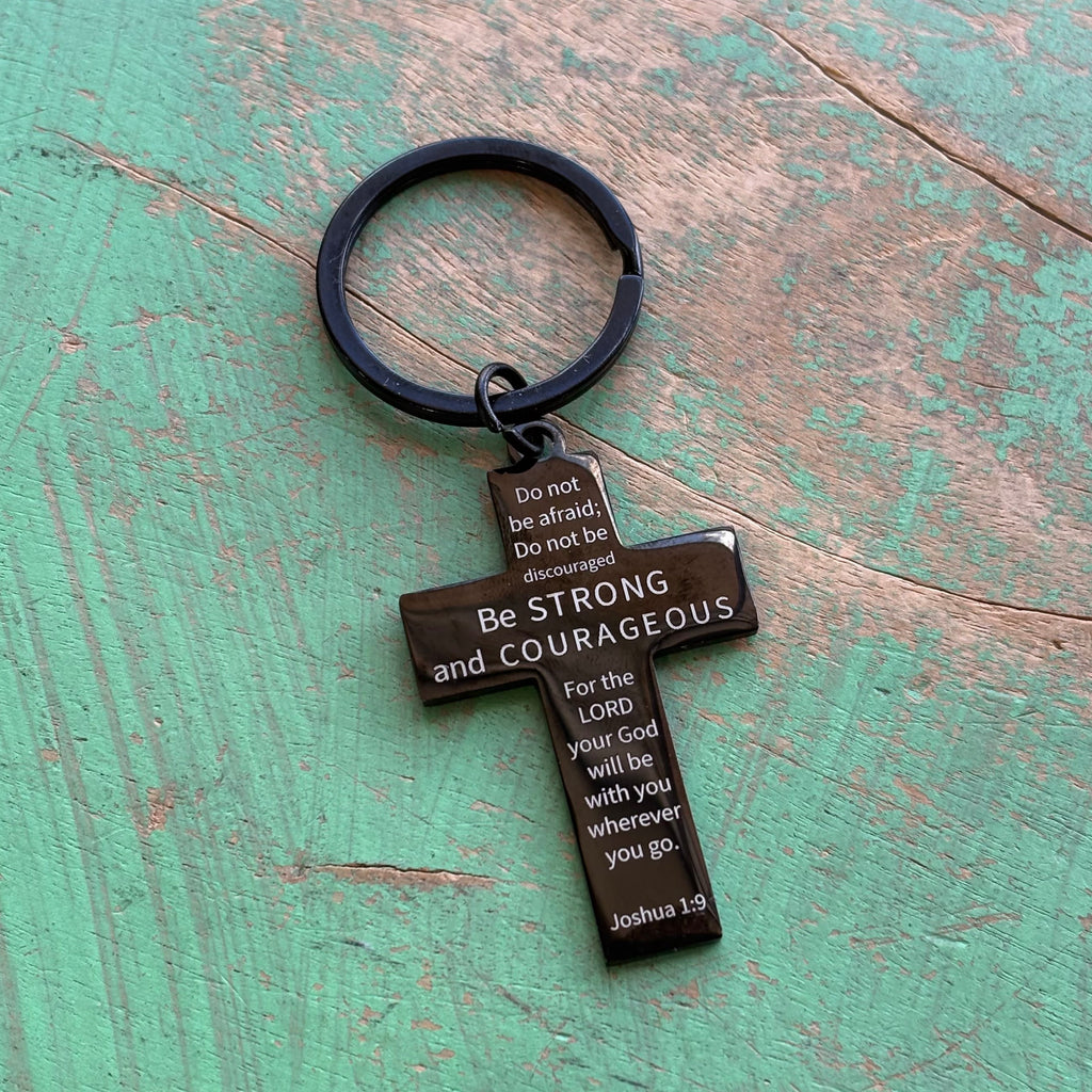 Black Stainless Steel Courageous Cross Keychain