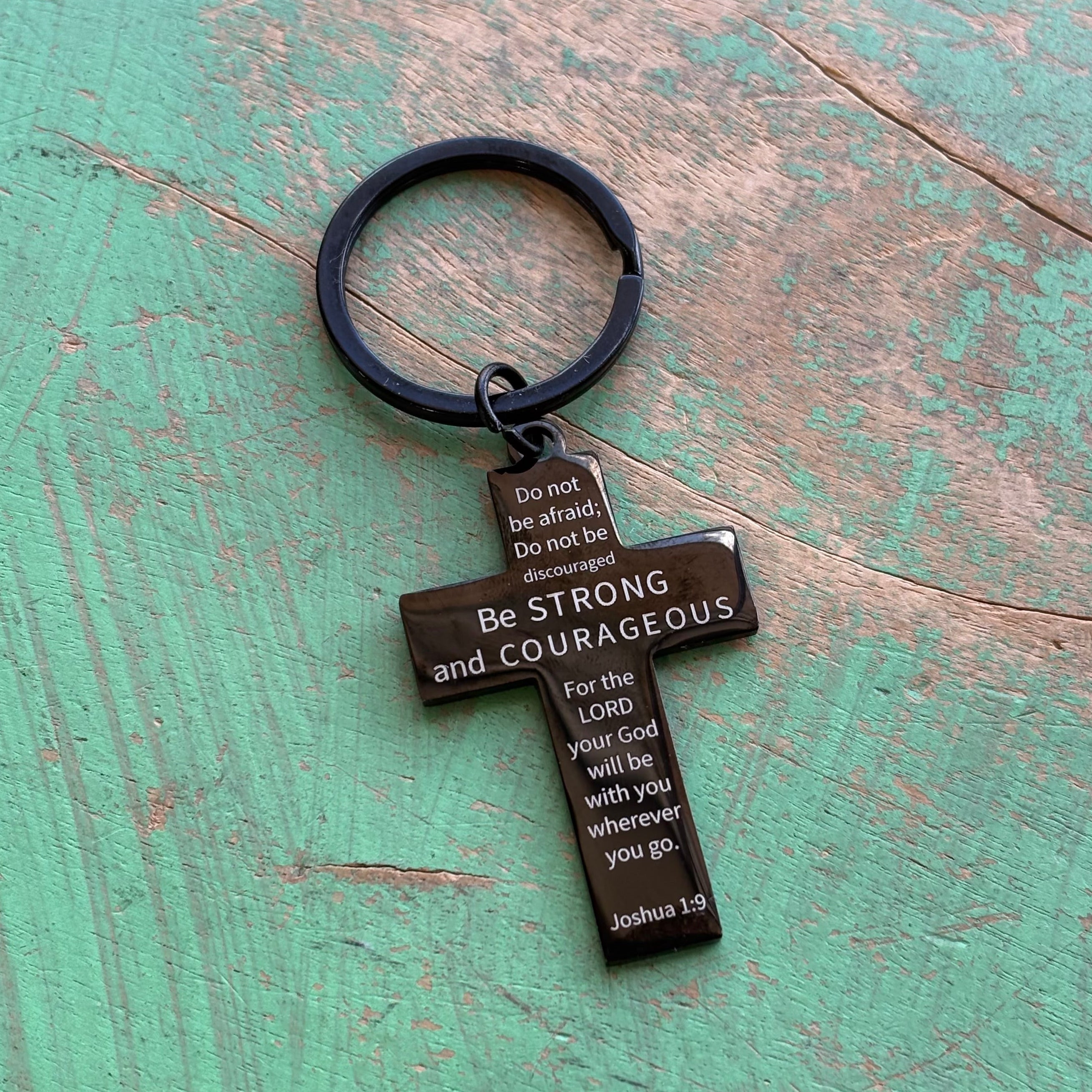 Black Stainless Steel Courageous Cross Keychain