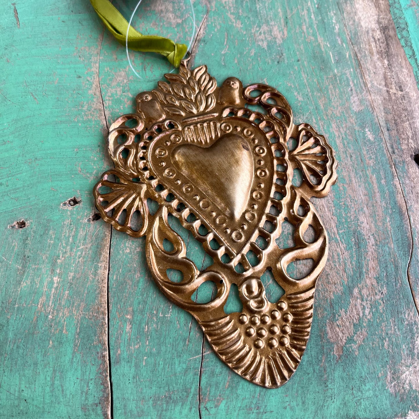 Antiqued Brass Sacred Heart Ornament