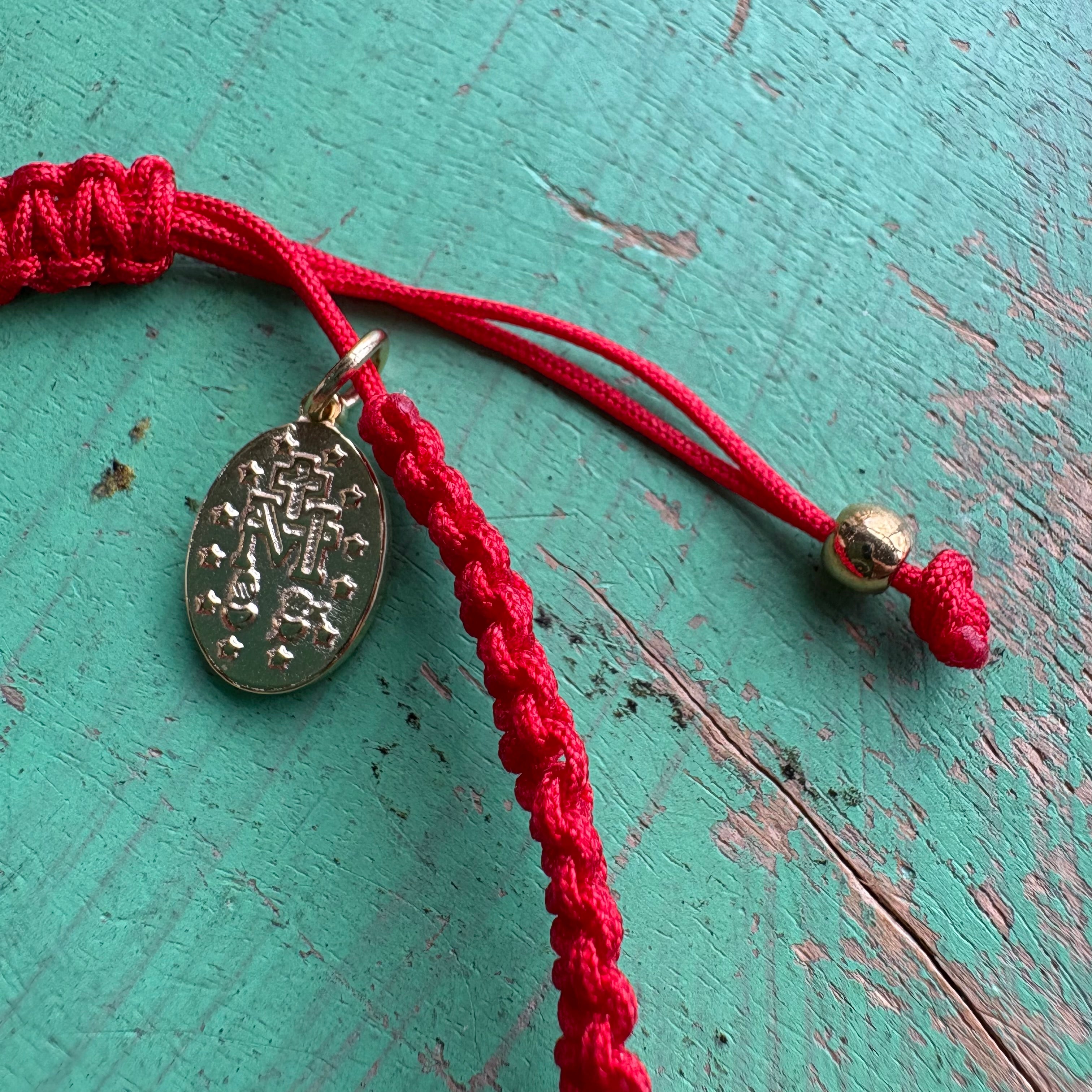 Red Braided Cord Adjustable Bracelet with Miraculous Medal