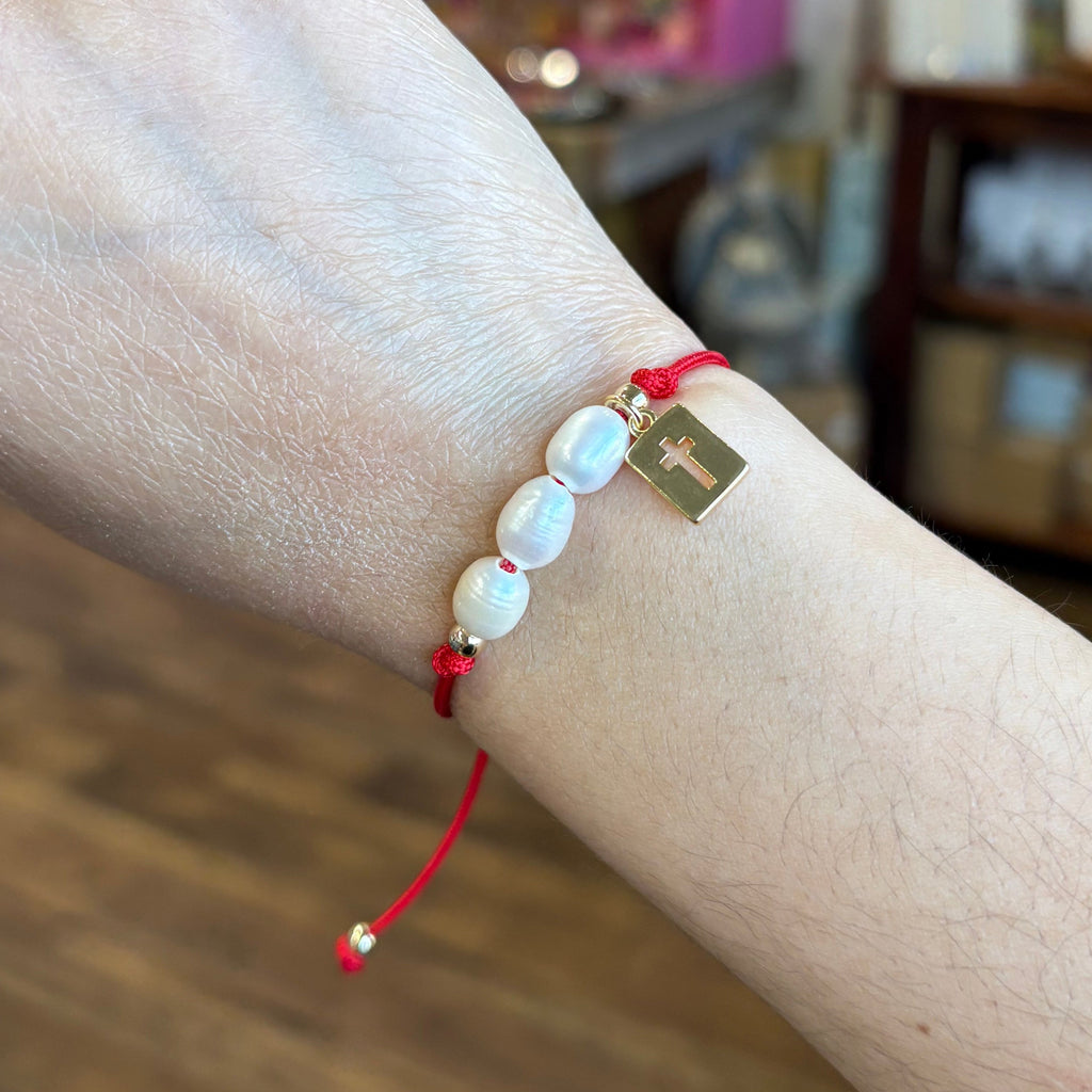 Holy Trinity Pearl Red Cord Bracelet with Gold Cross – Adjustable Faith Bracelet