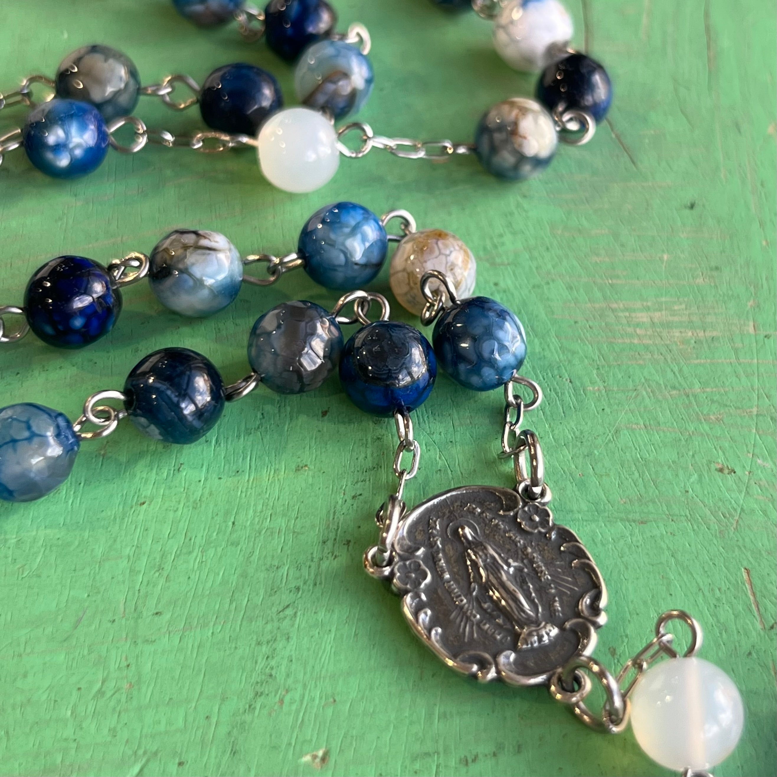 Agate Blue Silver Plated Miraculous Medal Rosary