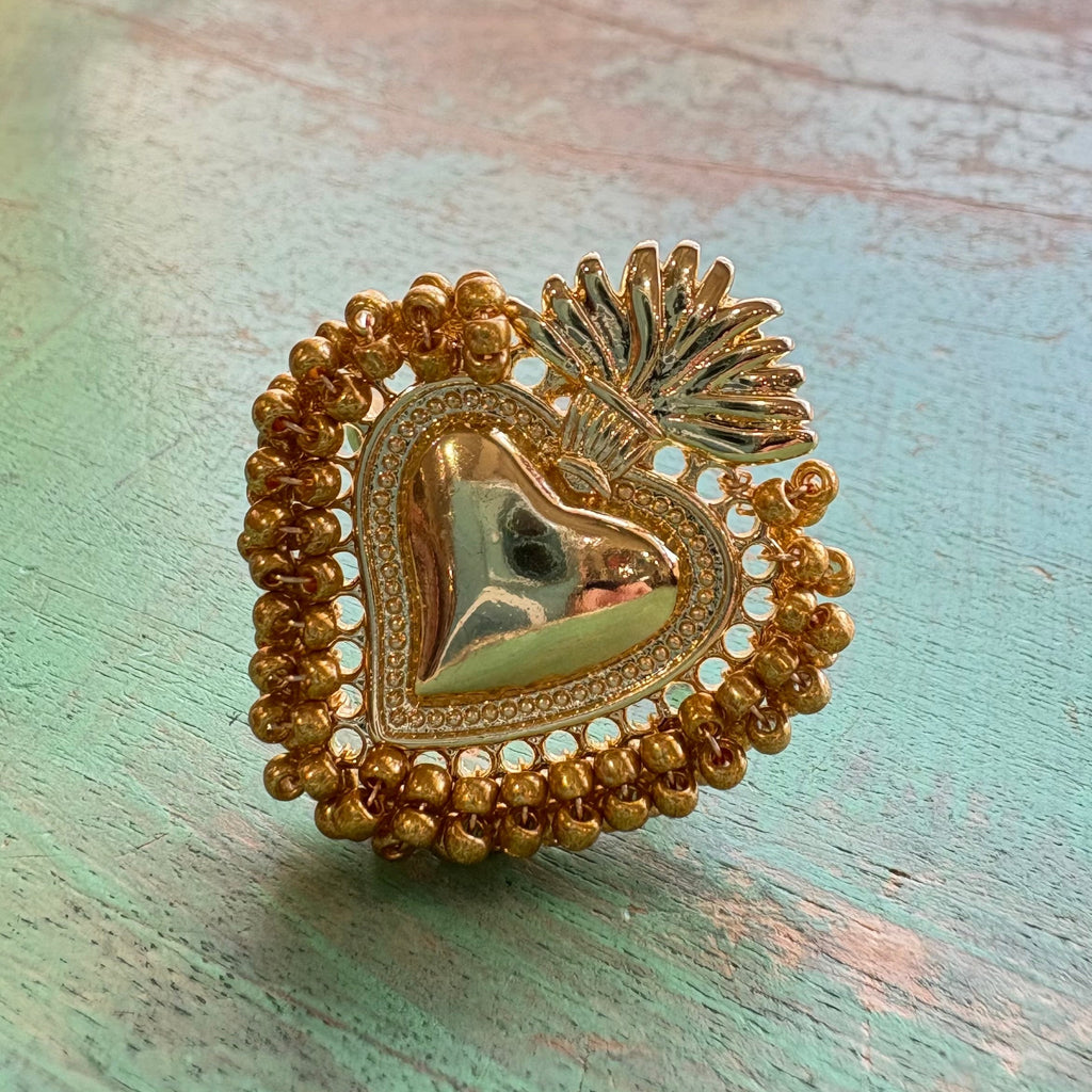Beaded Sacred Heart Adjustable Ring – Gold & Silver Plated Faith Jewelry