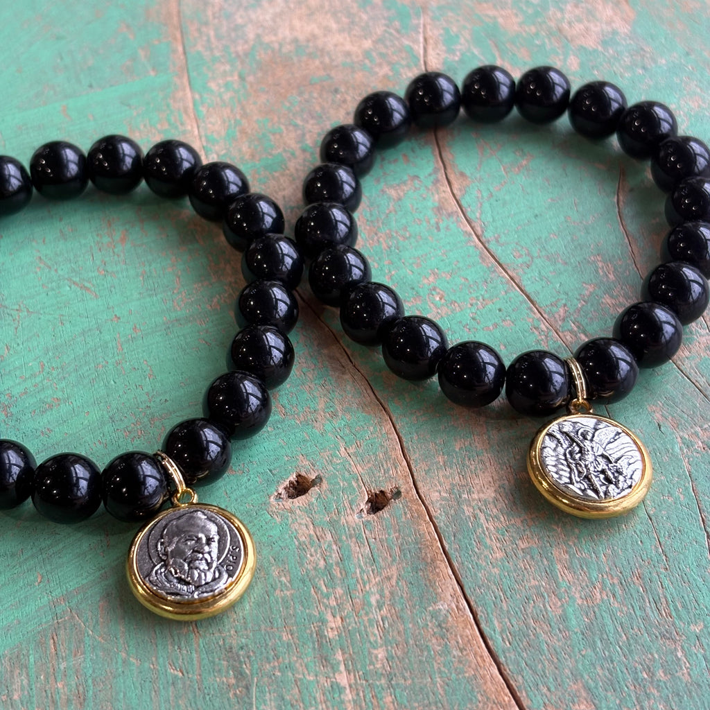 Black Glass Beaded Saint Bracelet or Earrings