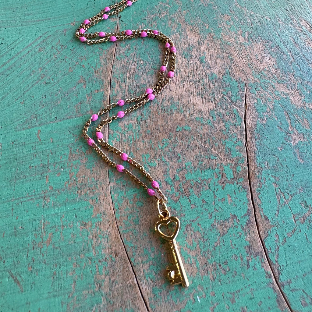 Pink Enamel Key to My Heart Necklace