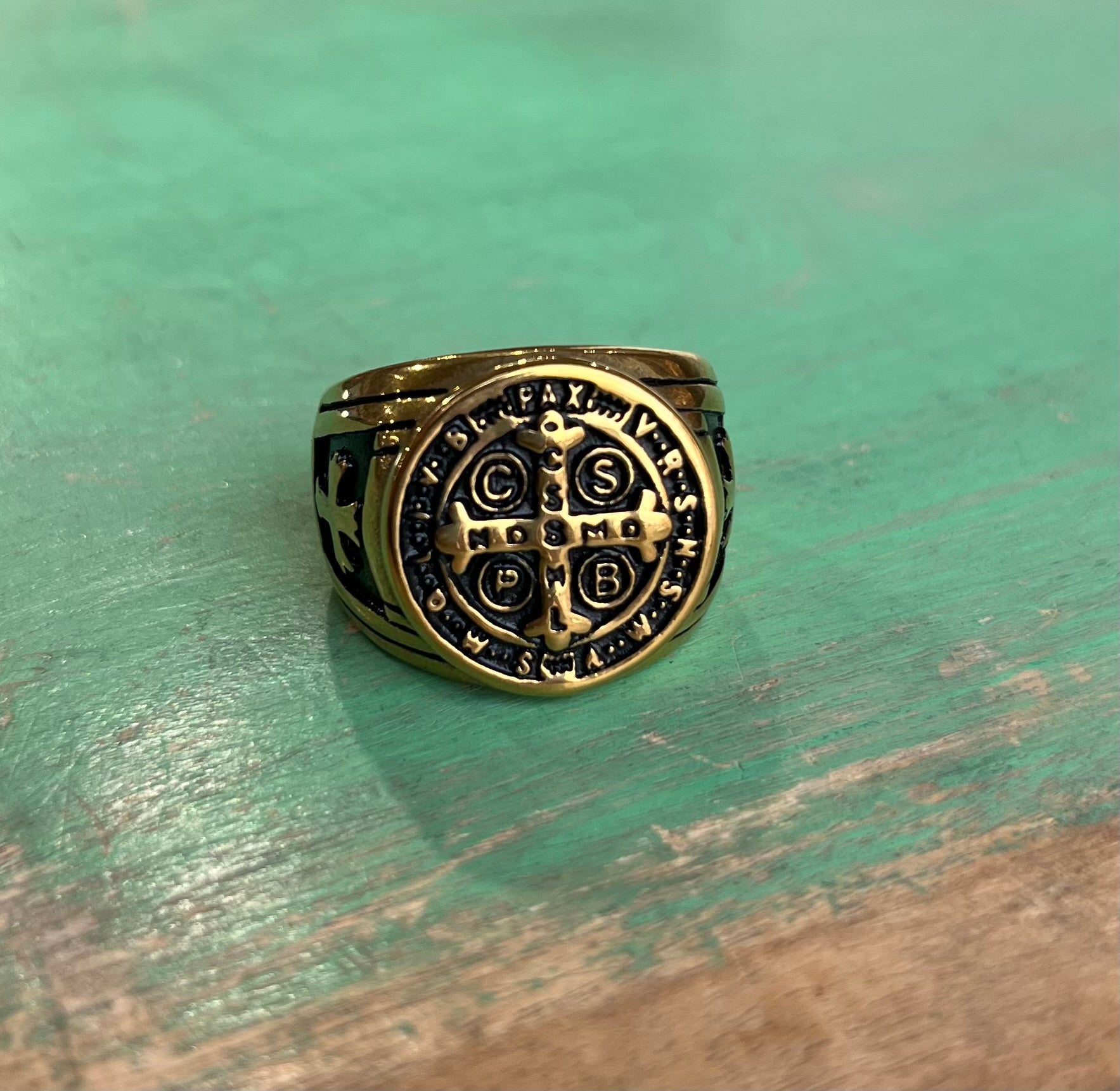 Gold Stainless Steel St Benedict Cross Ring